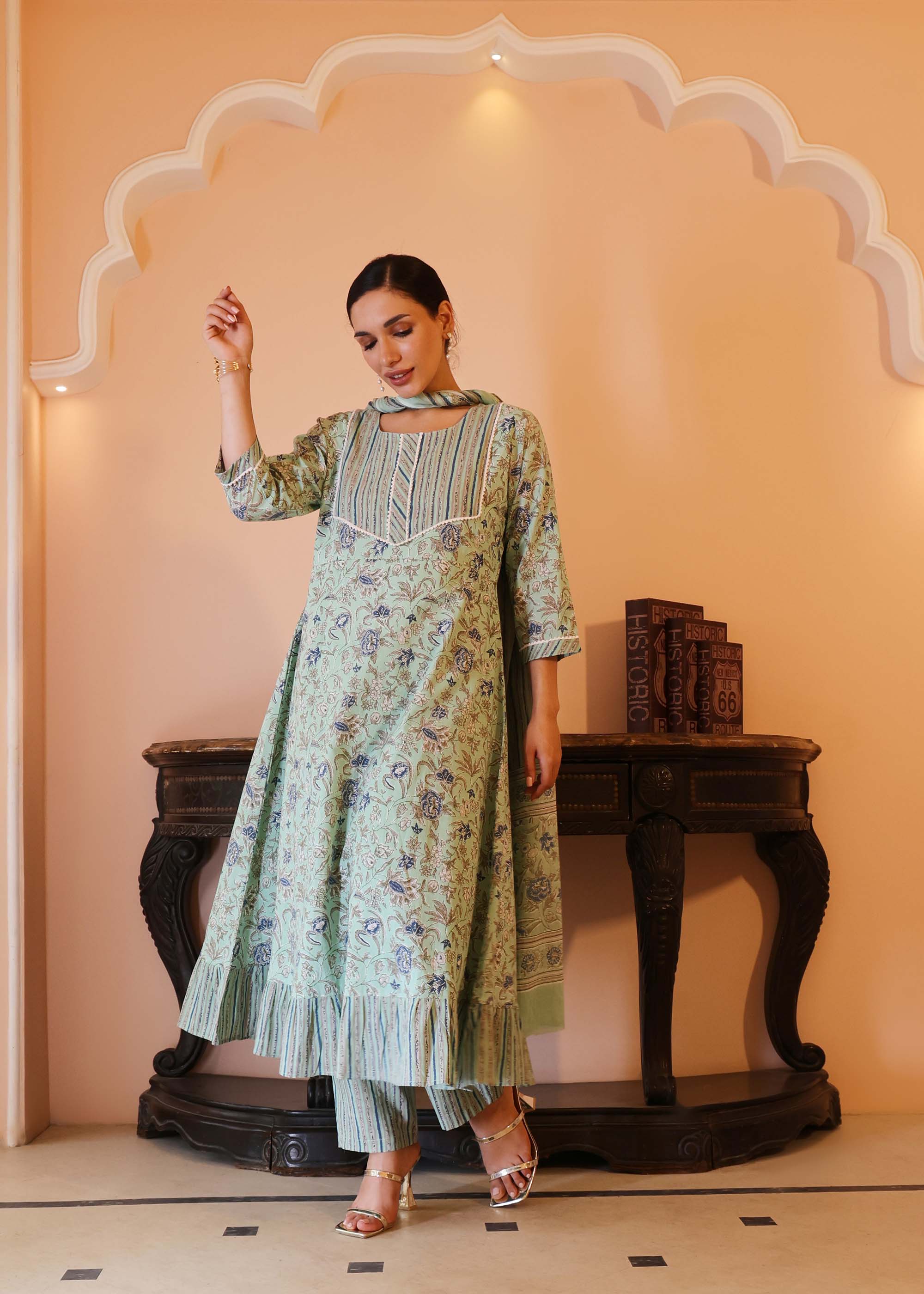 Light Green Cotton printed 3 piece Suit set