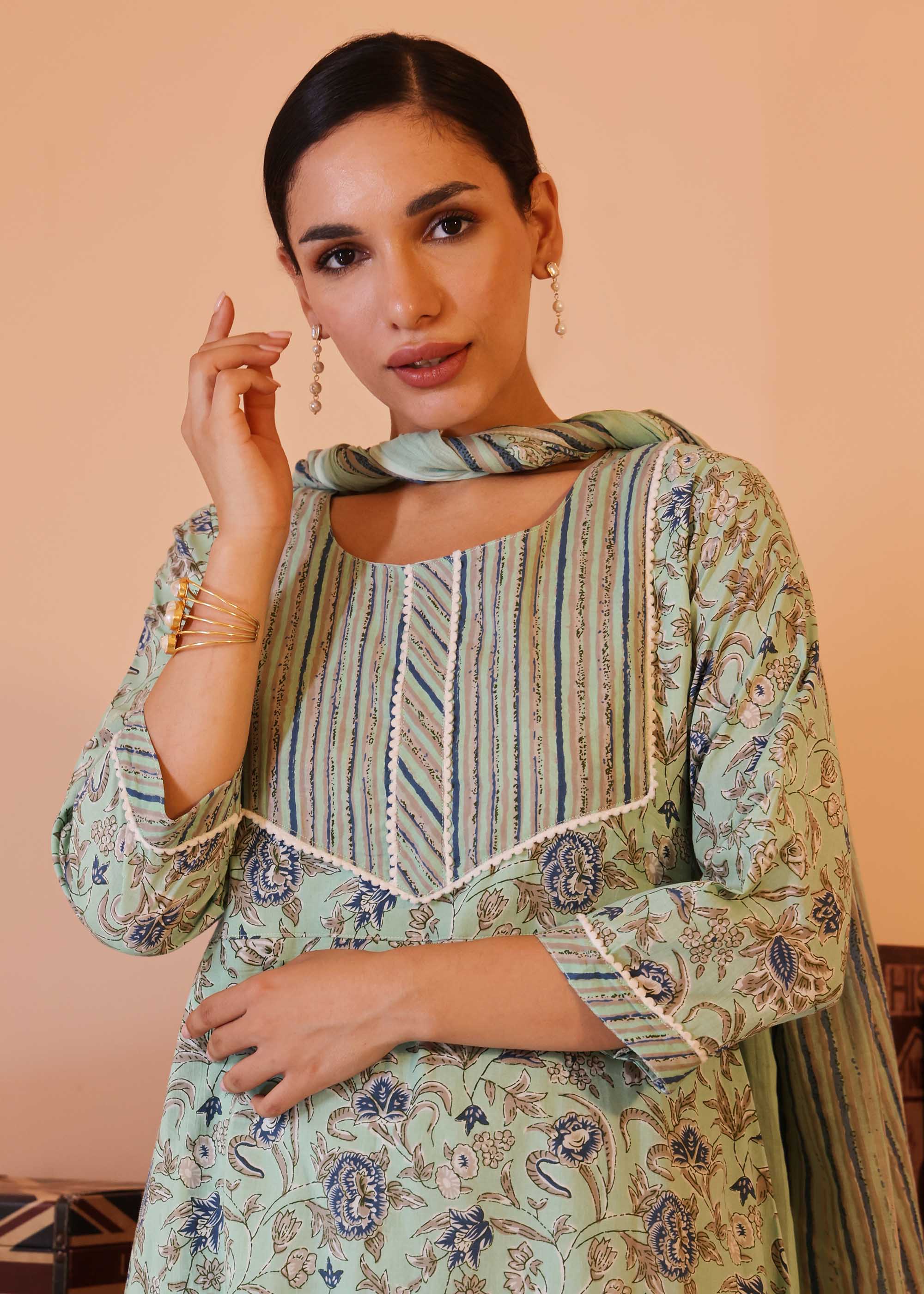 Light Green Cotton printed 3 piece Suit set