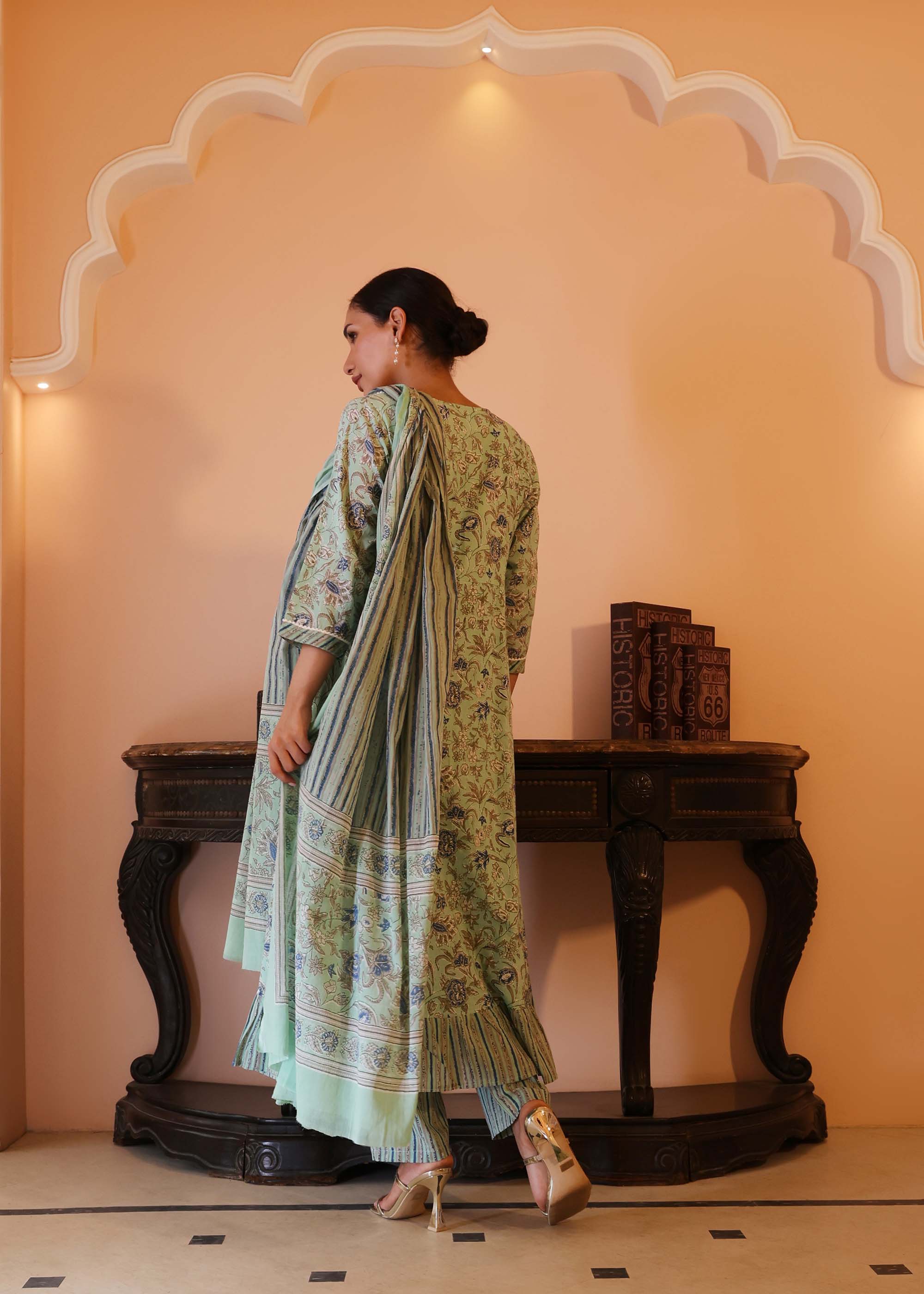 Light Green Cotton printed 3 piece Suit set