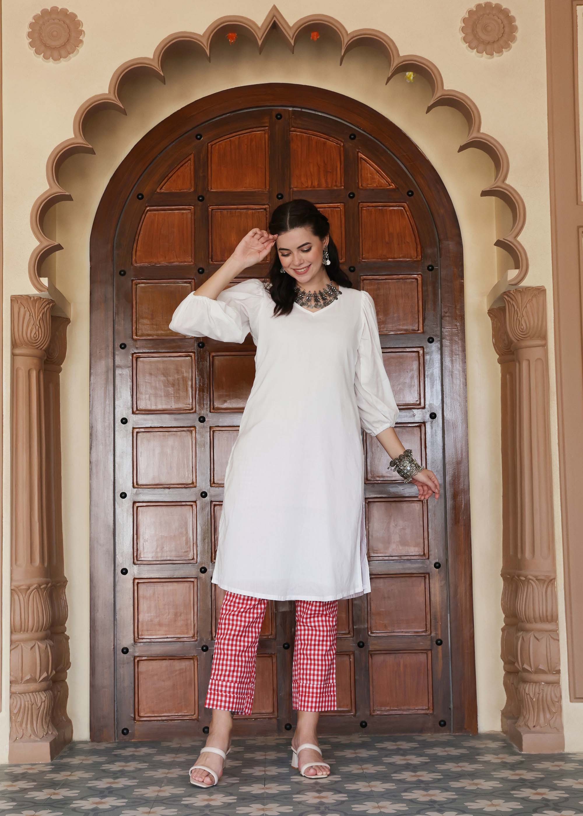 White & Red Linen Cotton Kurta Set
