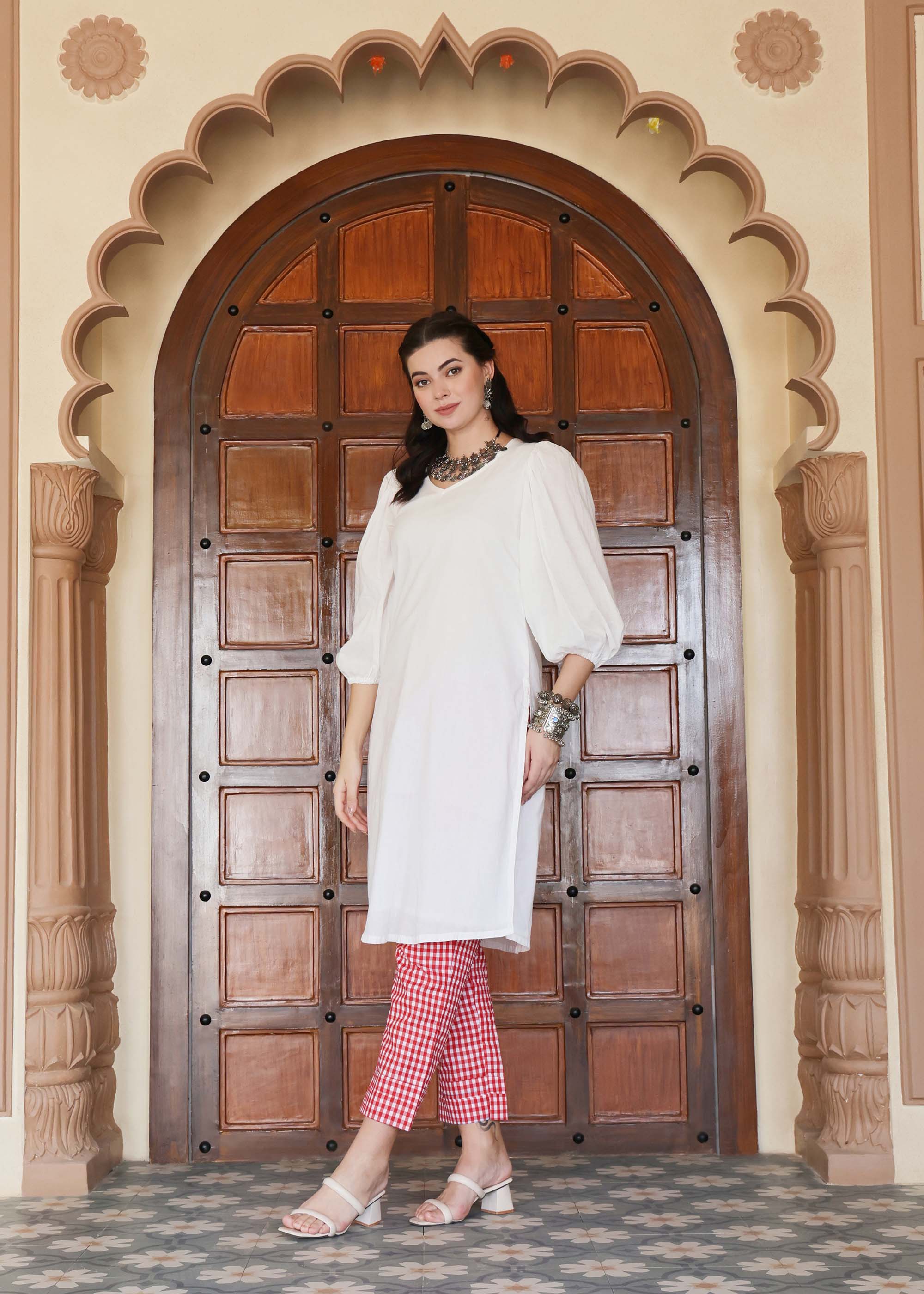 White & Red Linen Cotton Kurta Set