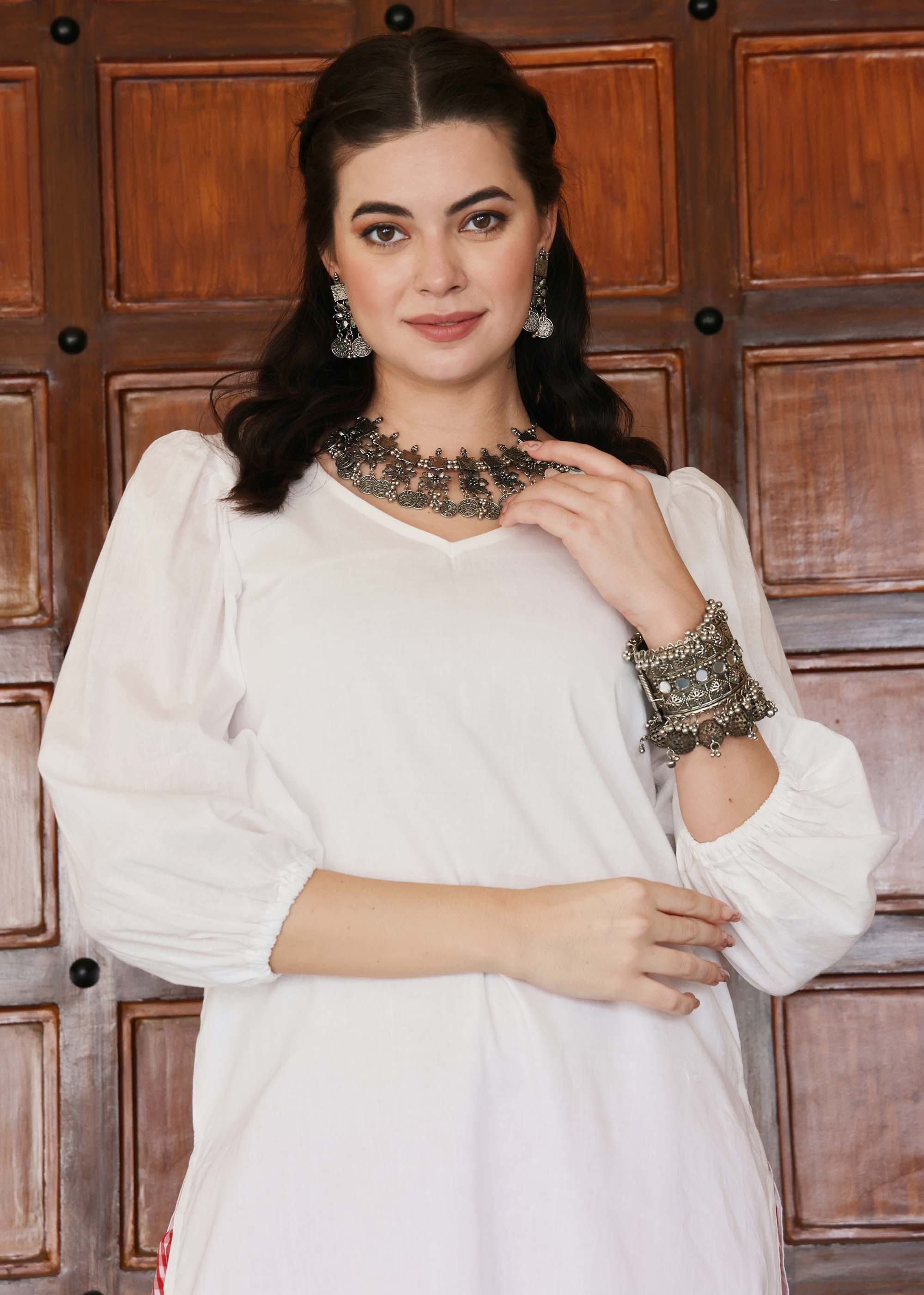 White & Red Linen Cotton Kurta Set