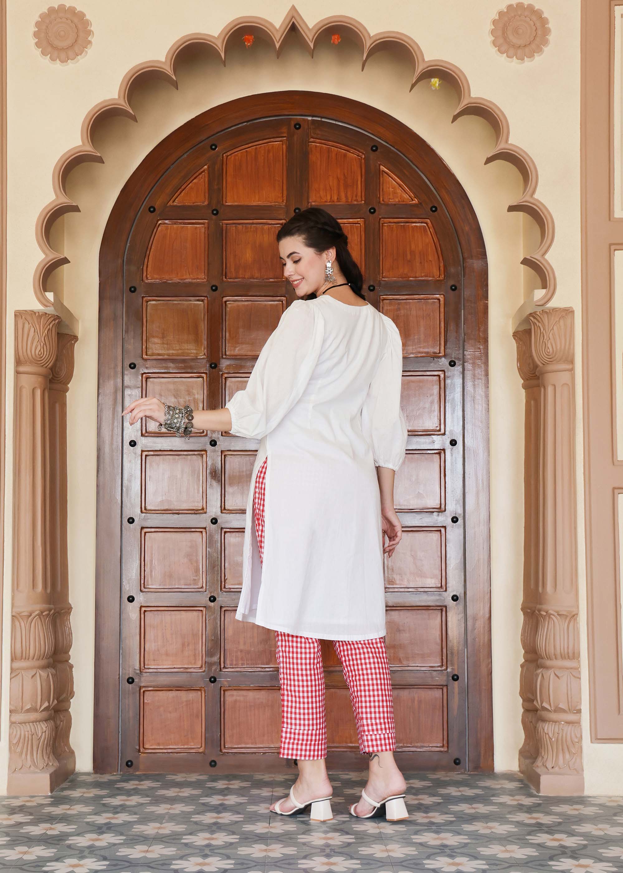 White & Red Linen Cotton Kurta Set