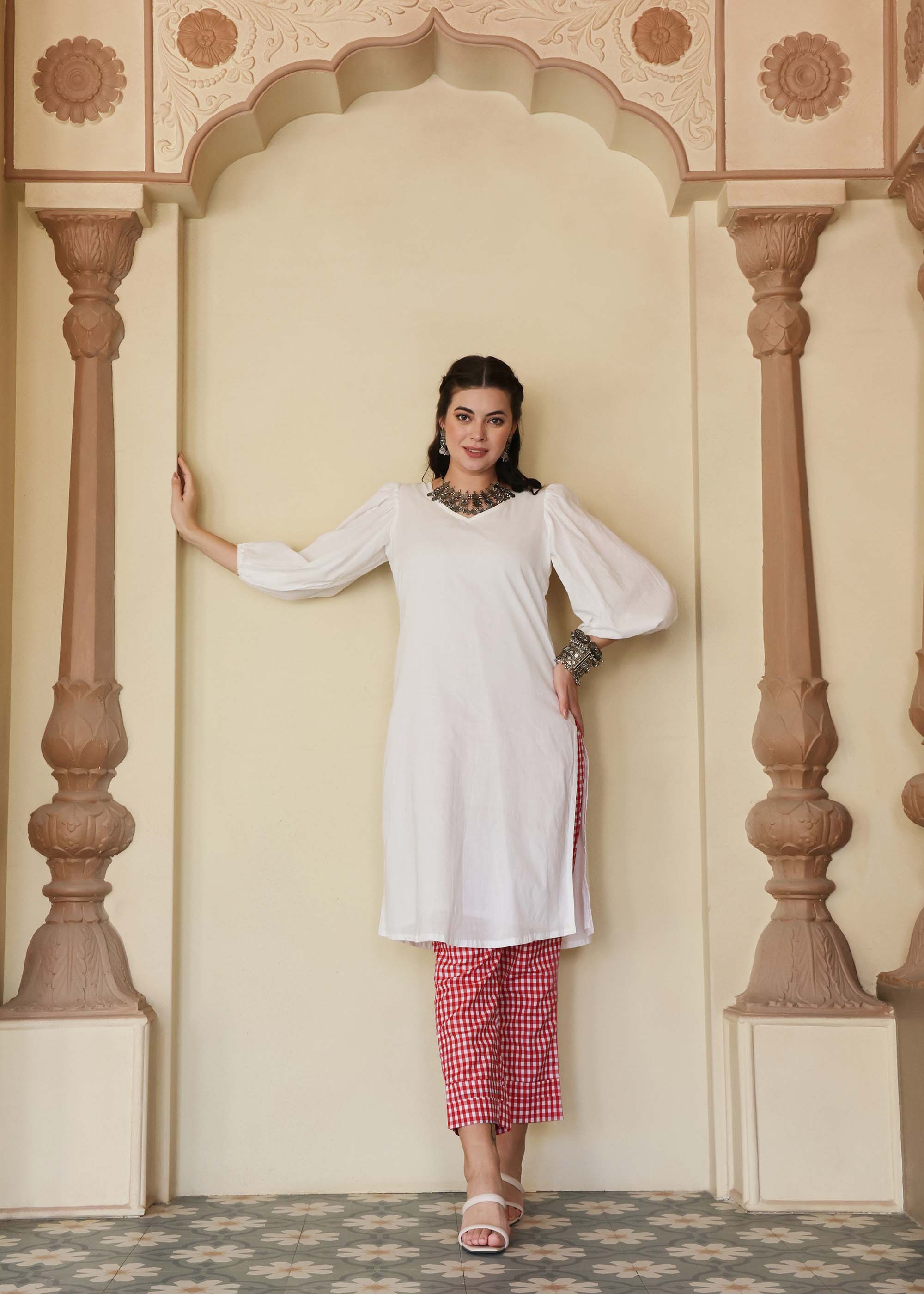 White & Red Linen Cotton Kurta Set