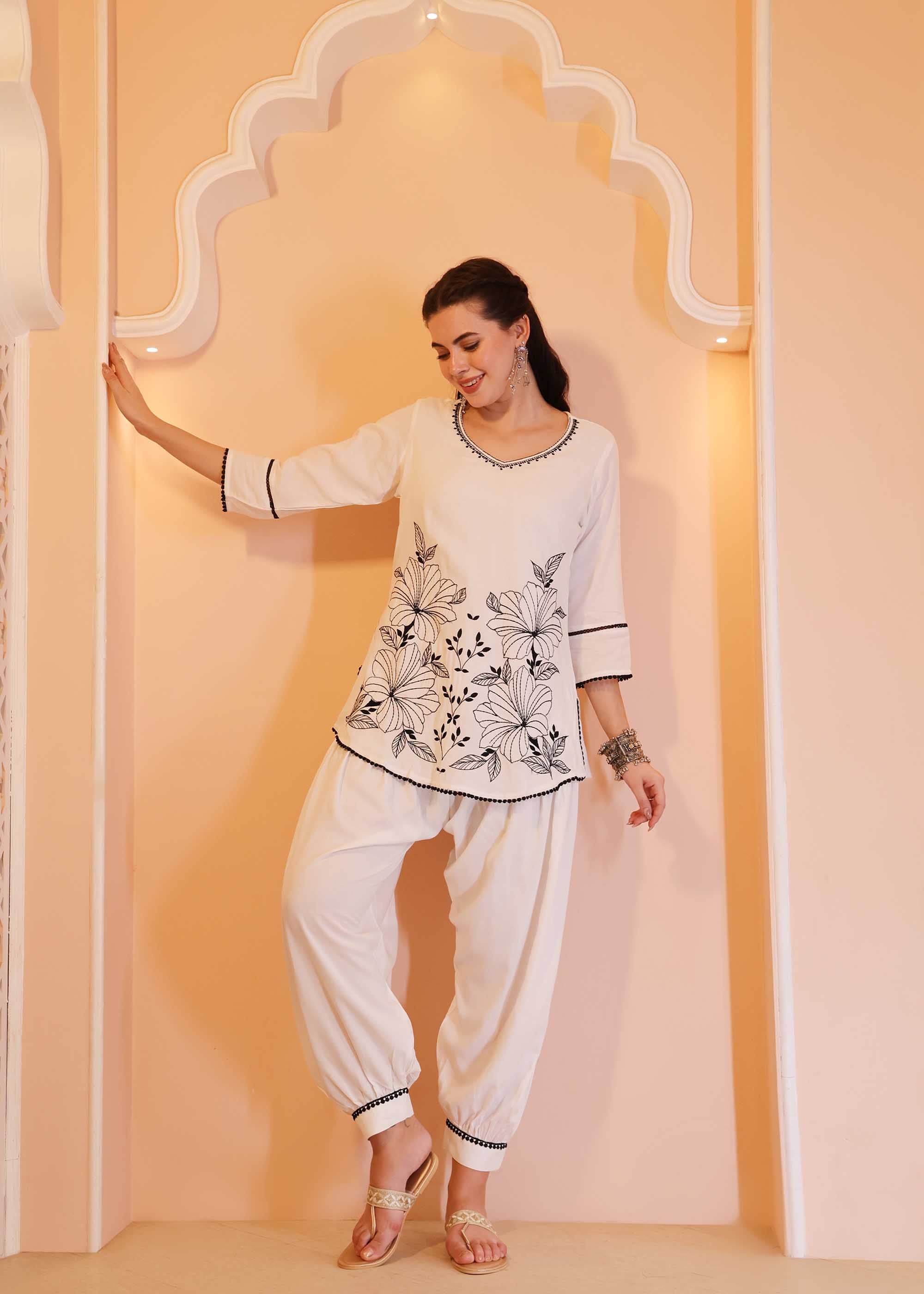 White embroidered Cotton Co-ord Set