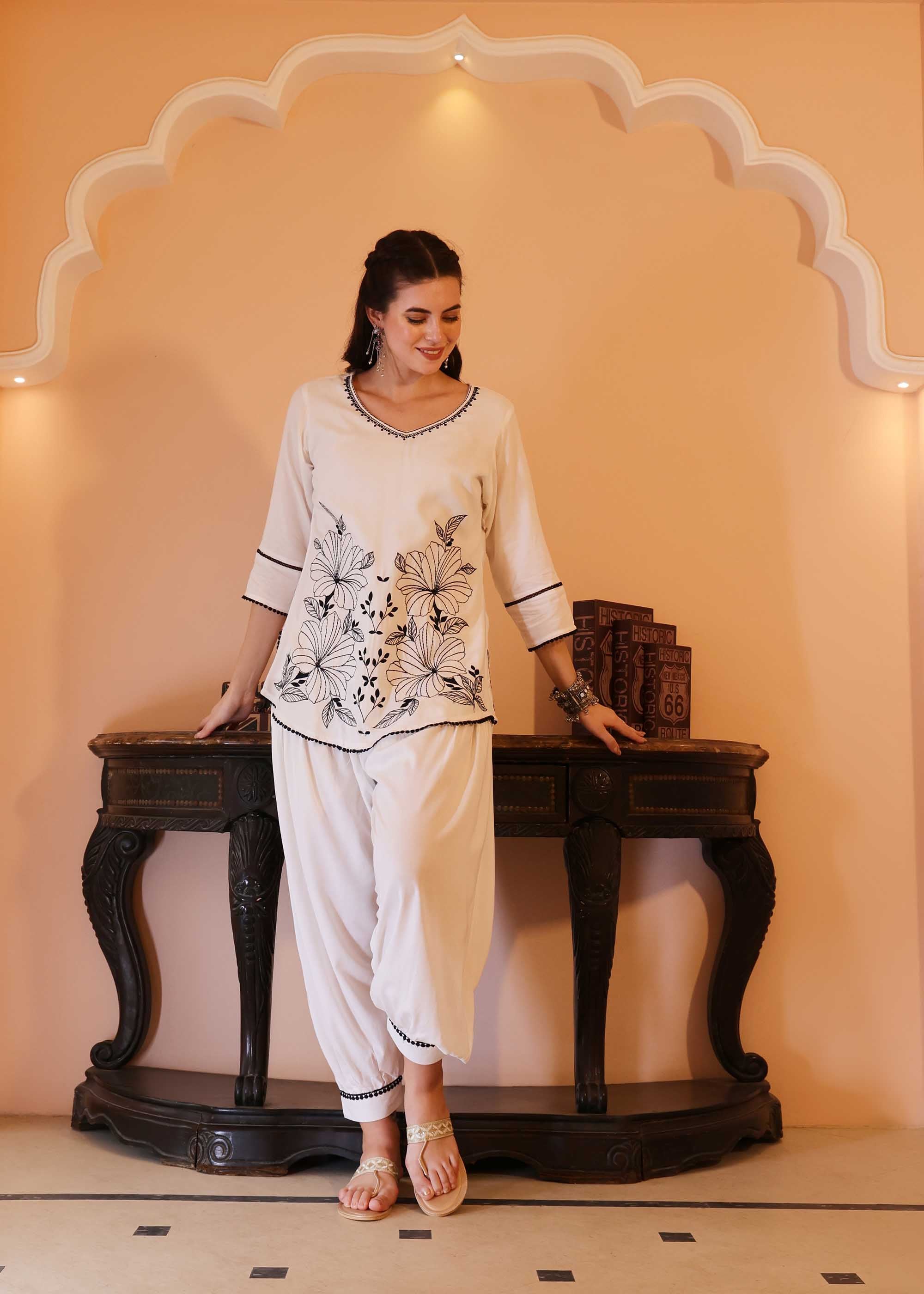 White embroidered Cotton Co-ord Set