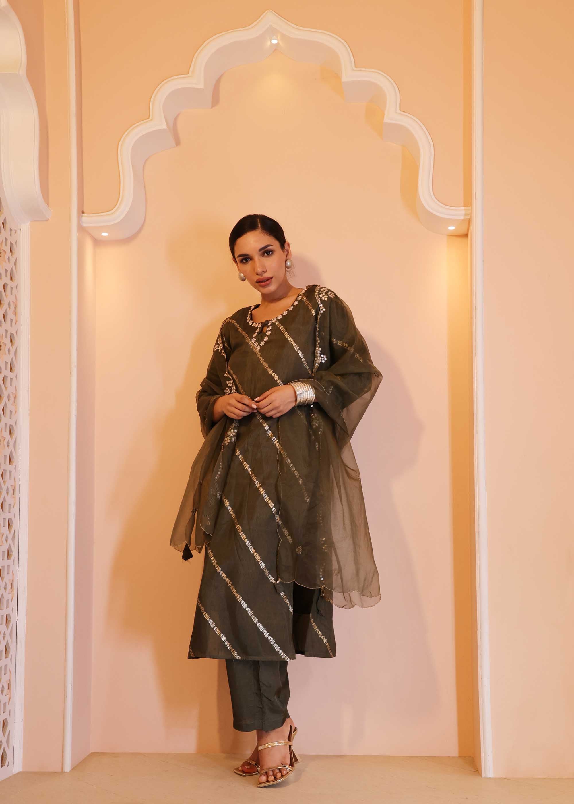 Dark Olive Green 3 piece Banarsi Suit set