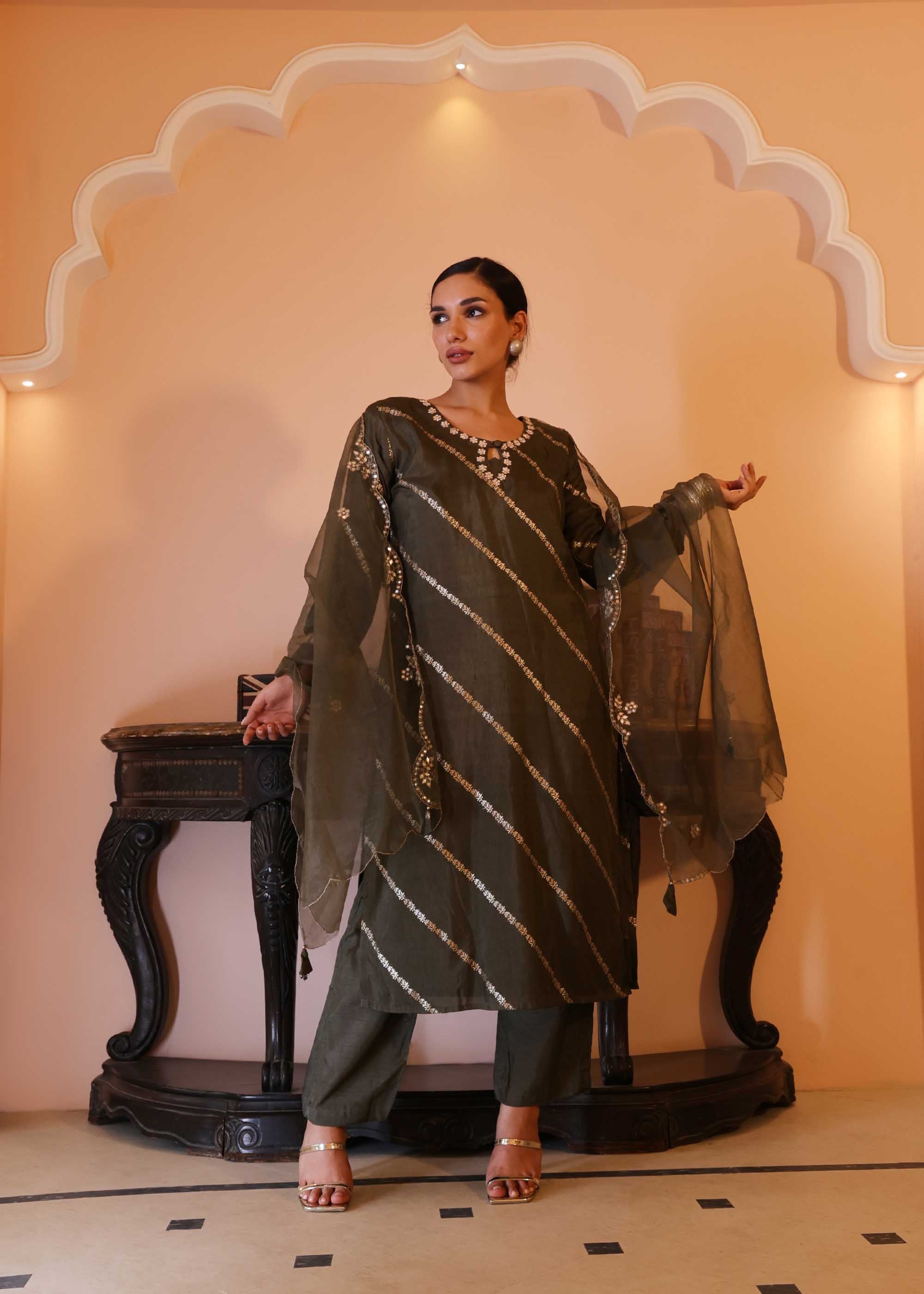 Dark Olive Green 3 piece Banarsi Suit set