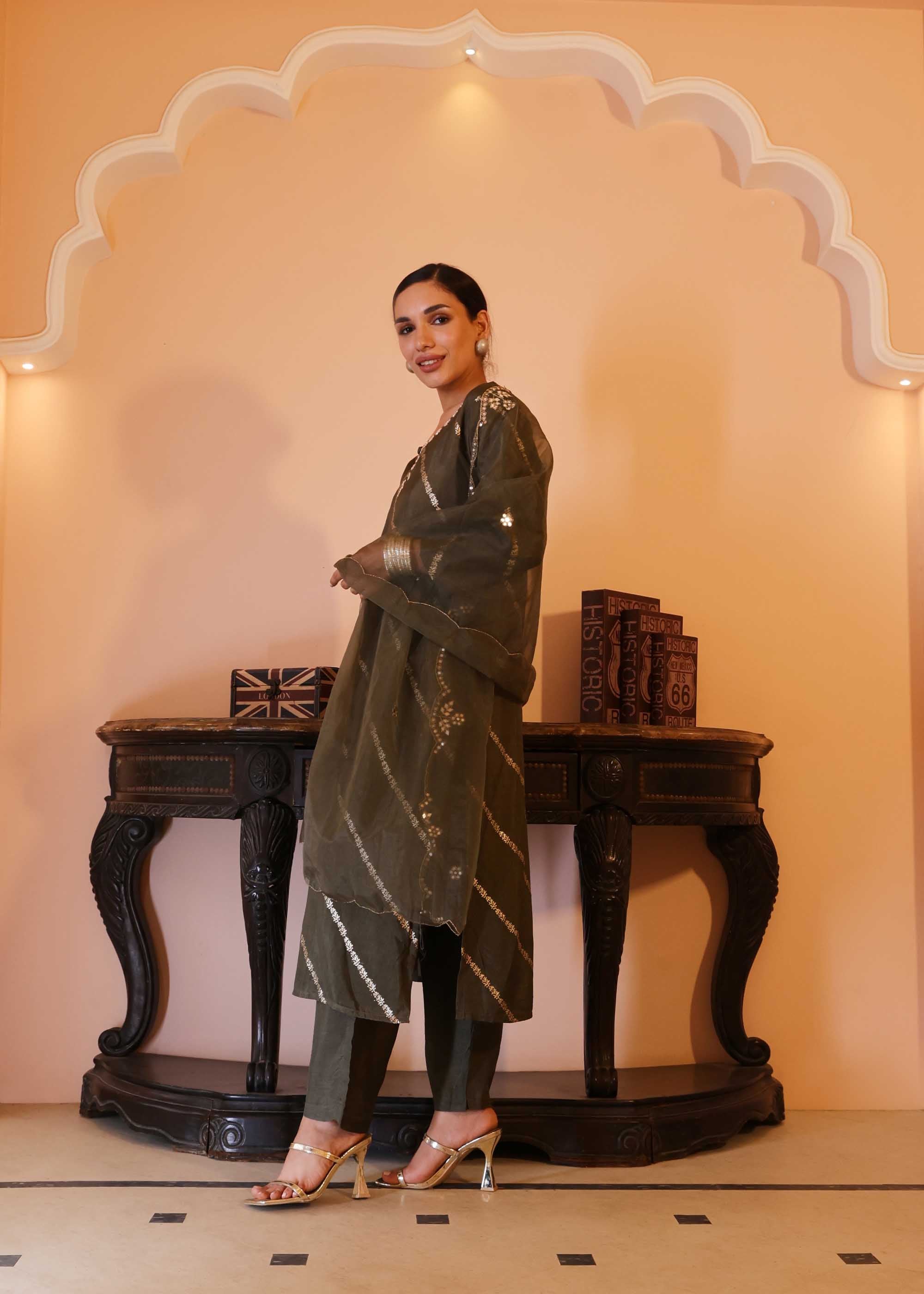 Dark Olive Green 3 piece Banarsi Suit set
