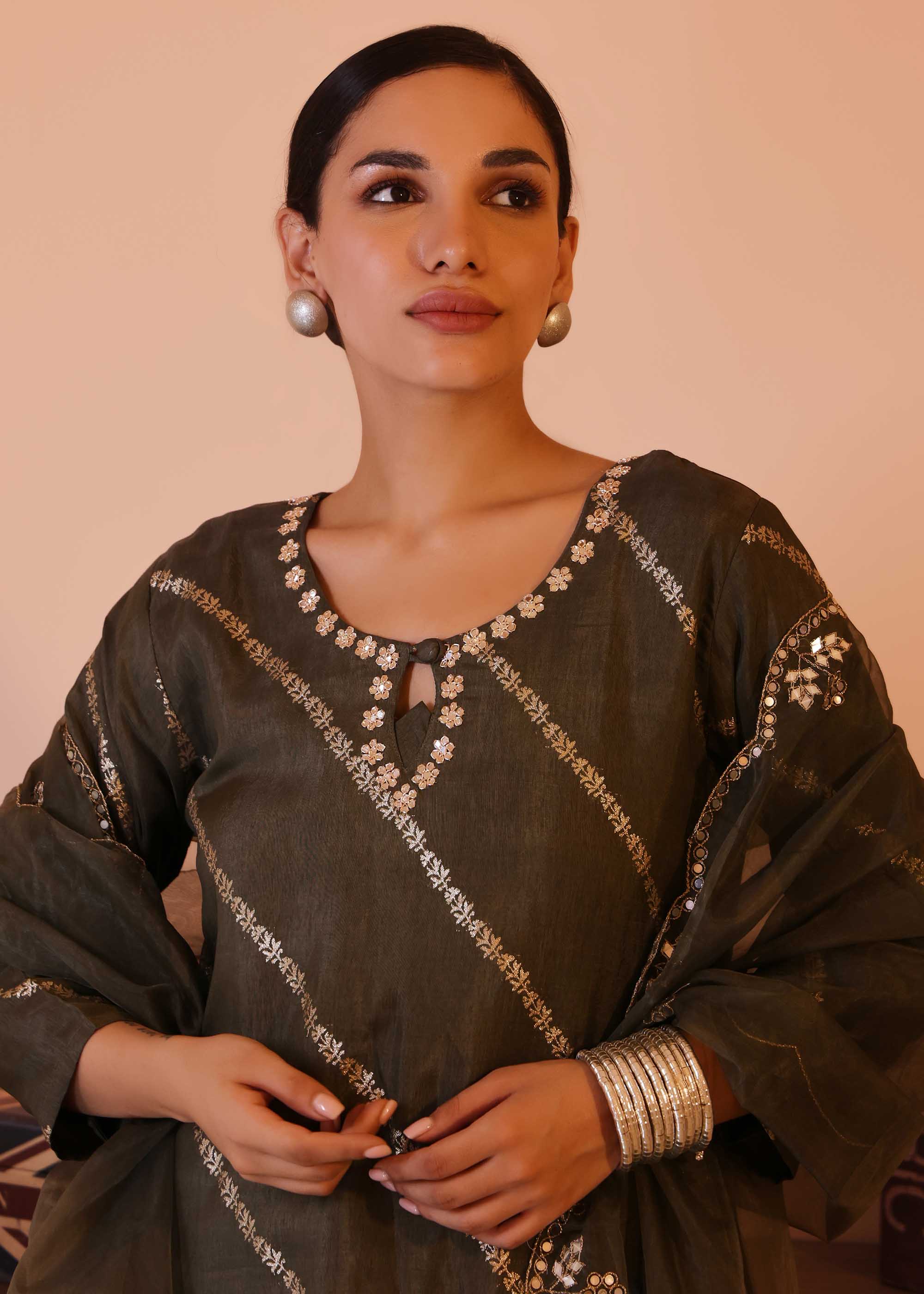 Dark Olive Green 3 piece Banarsi Suit set