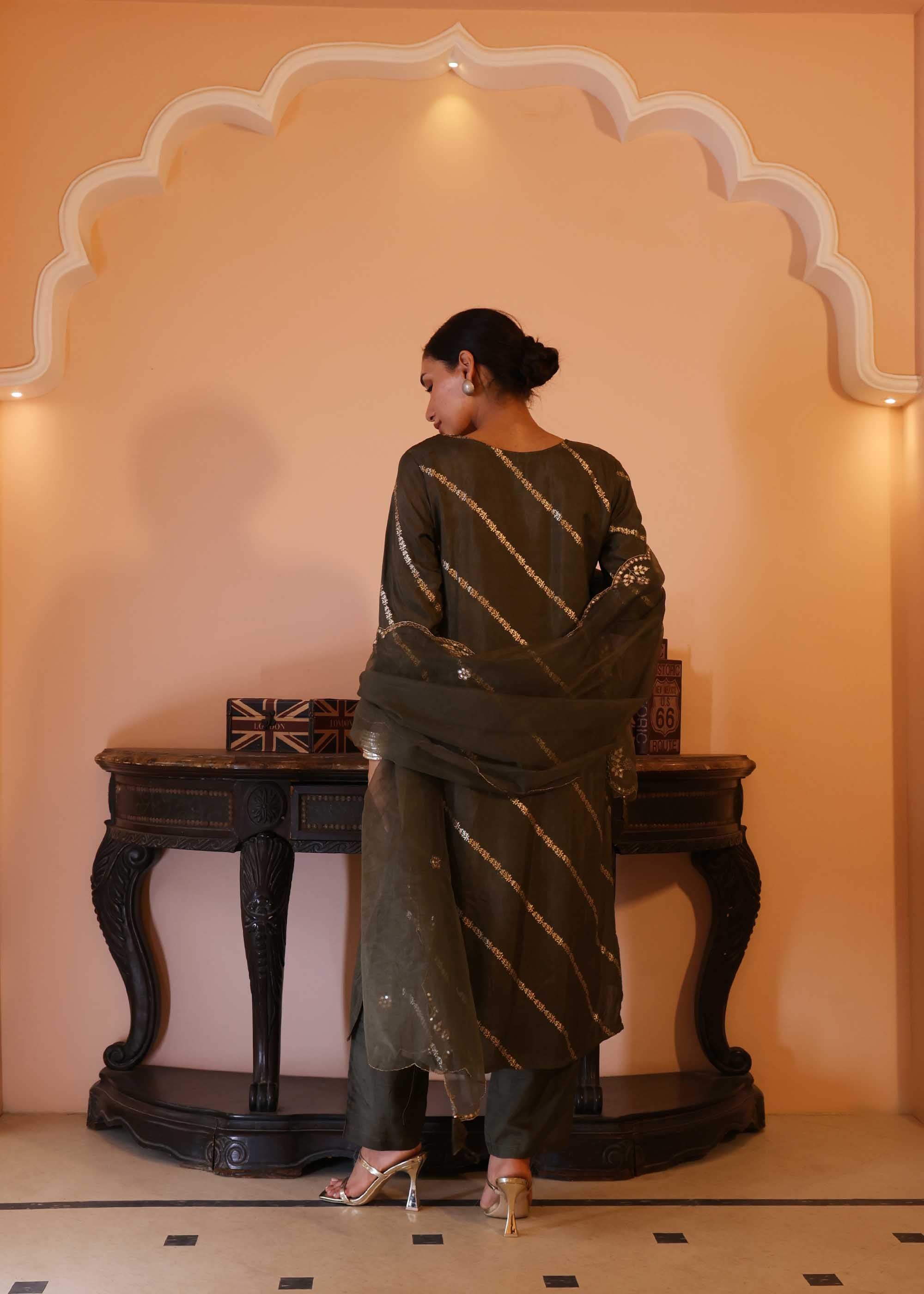 Dark Olive Green 3 piece Banarsi Suit set
