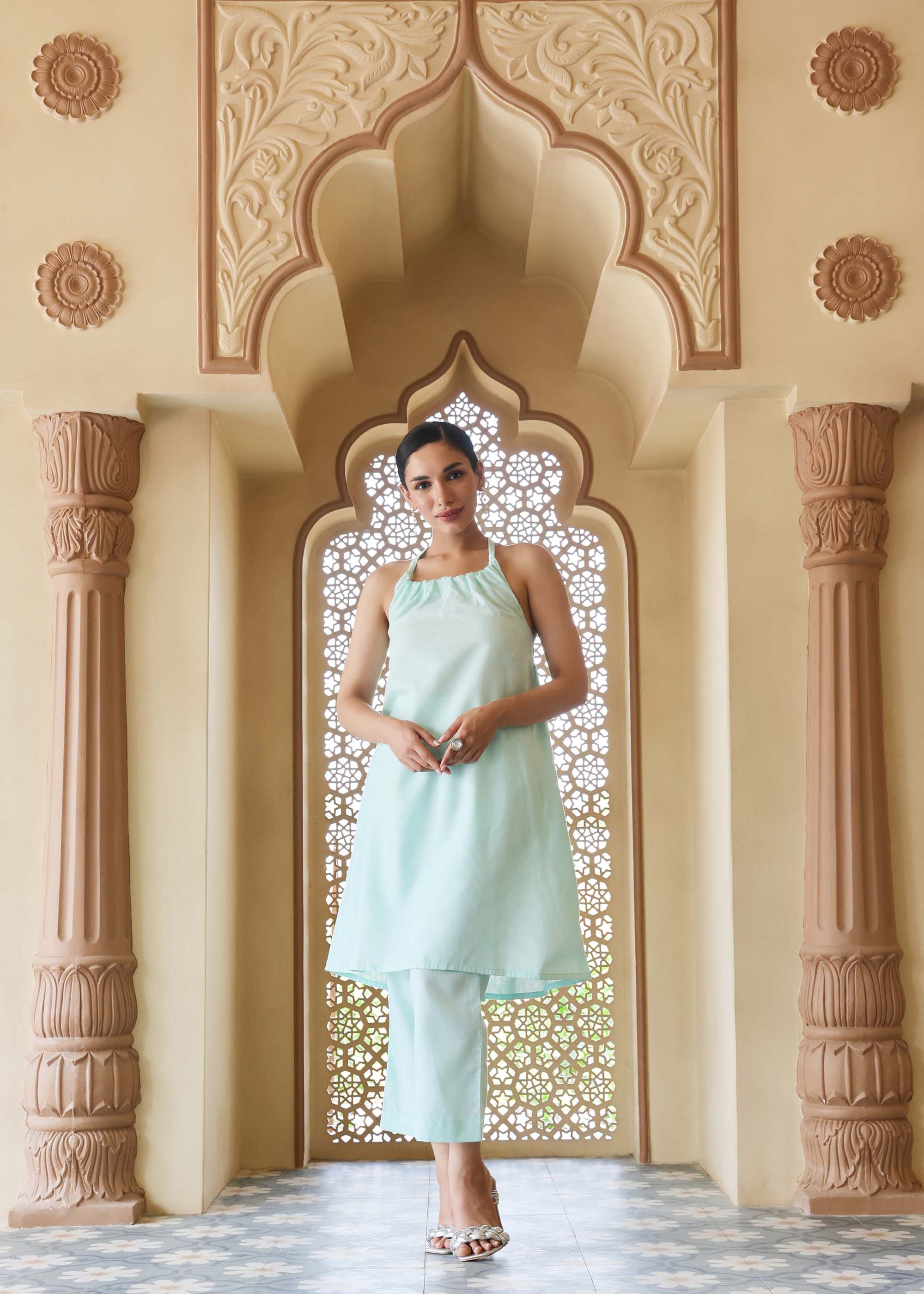 Sea blue Halter neck Cotton Kurta set