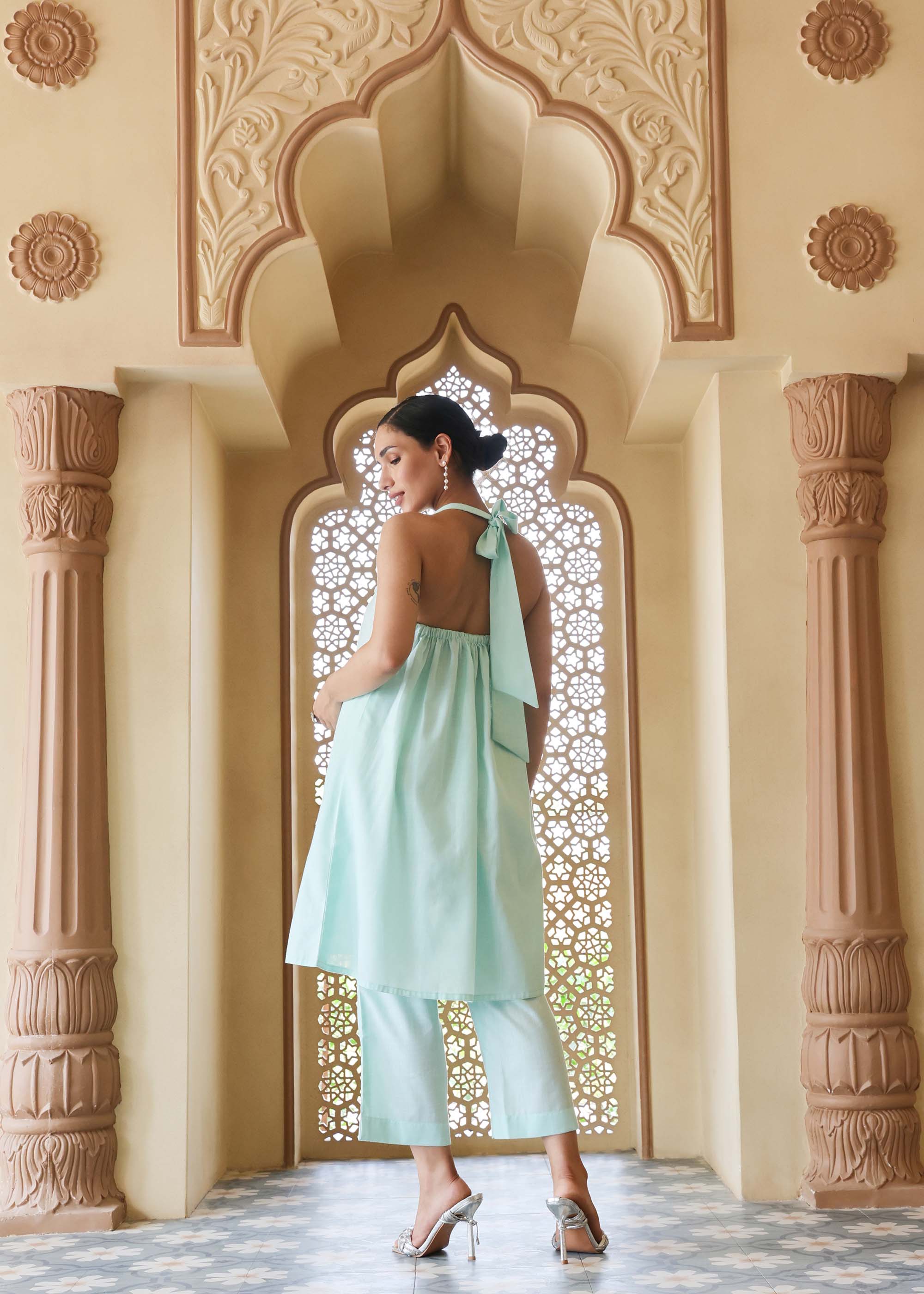 Sea blue Halter neck Cotton Kurta set