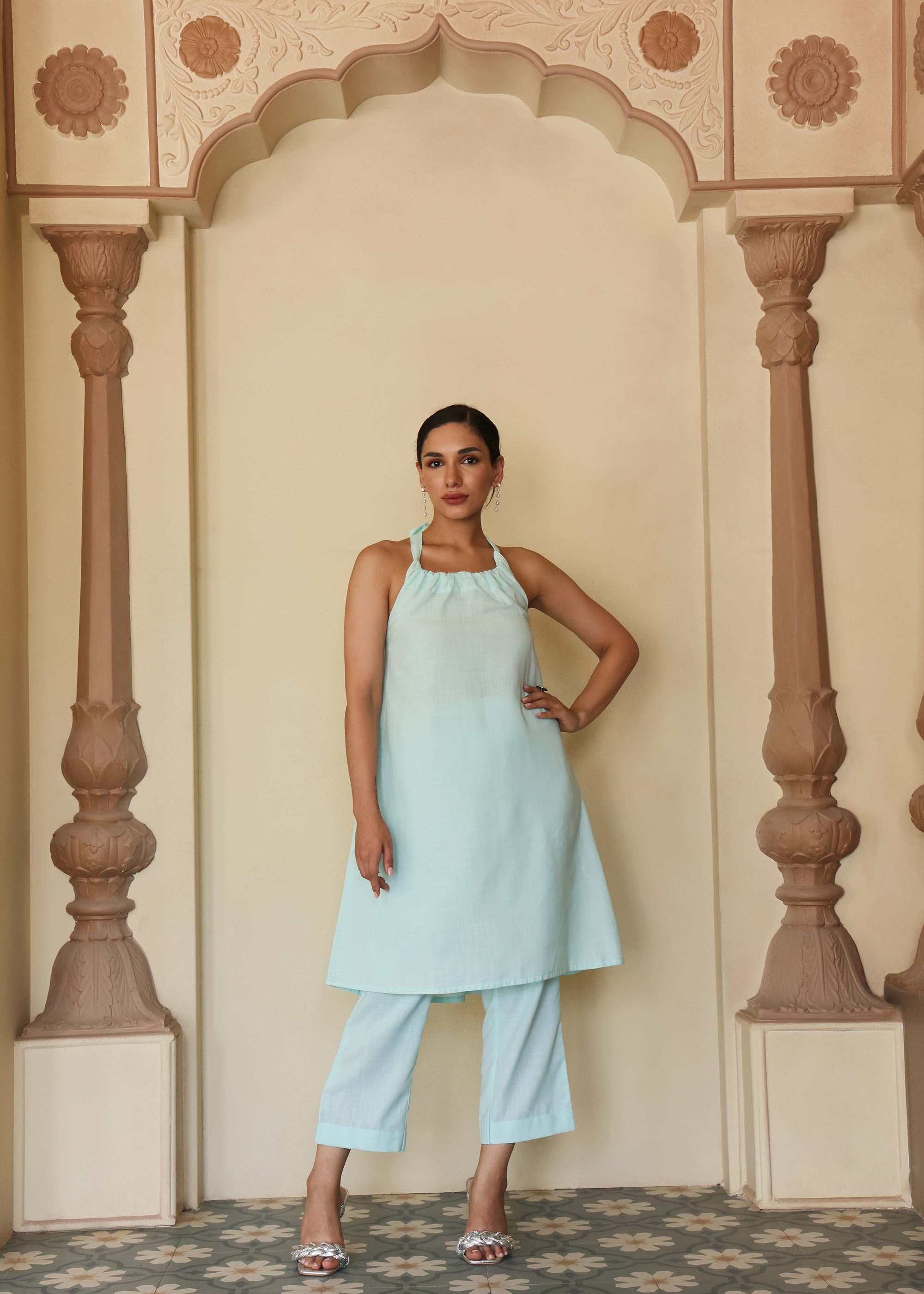 Sea blue Halter neck Cotton Kurta set