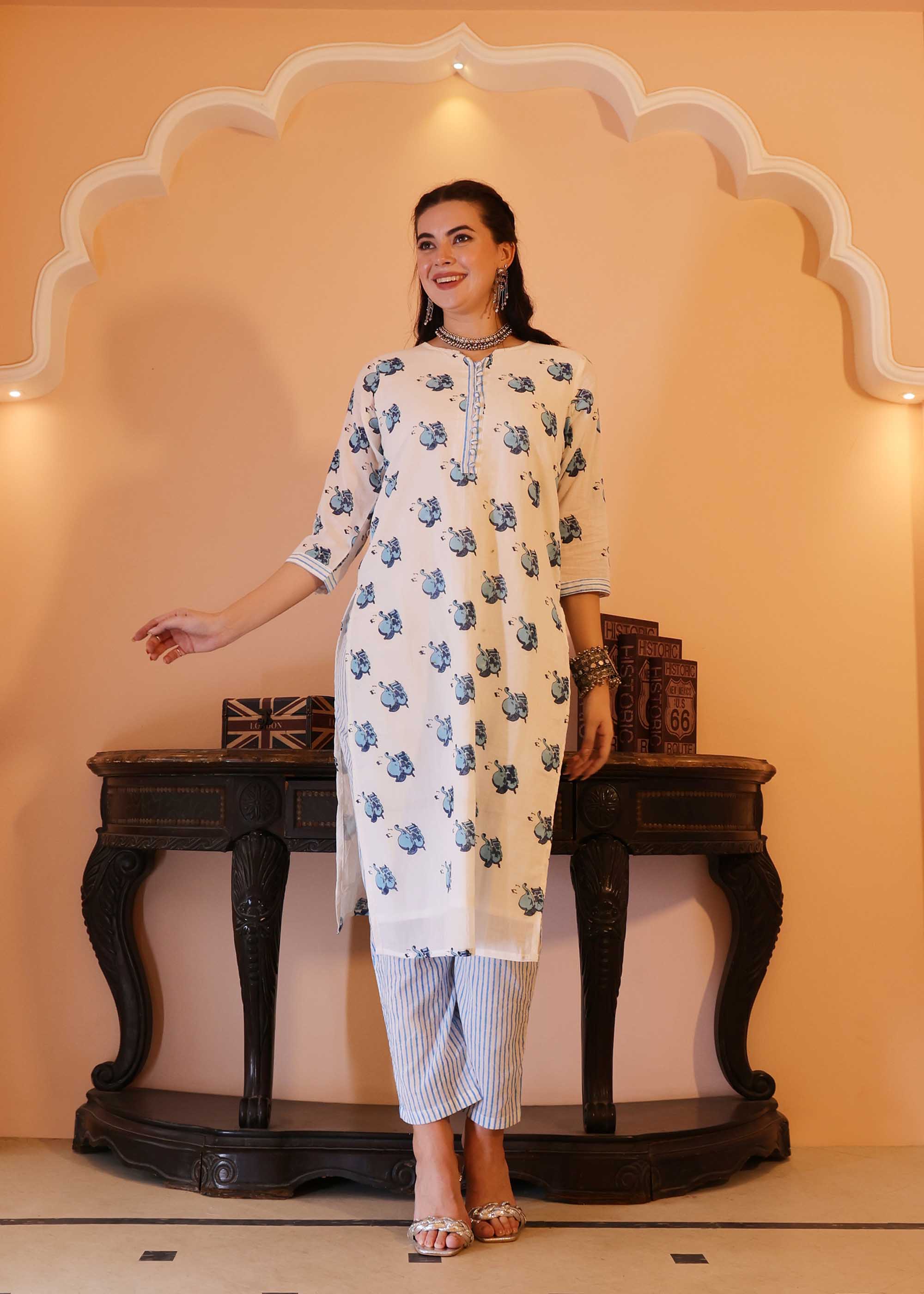 White & Blue Mul cotton Block Print 2 piece Kurta set