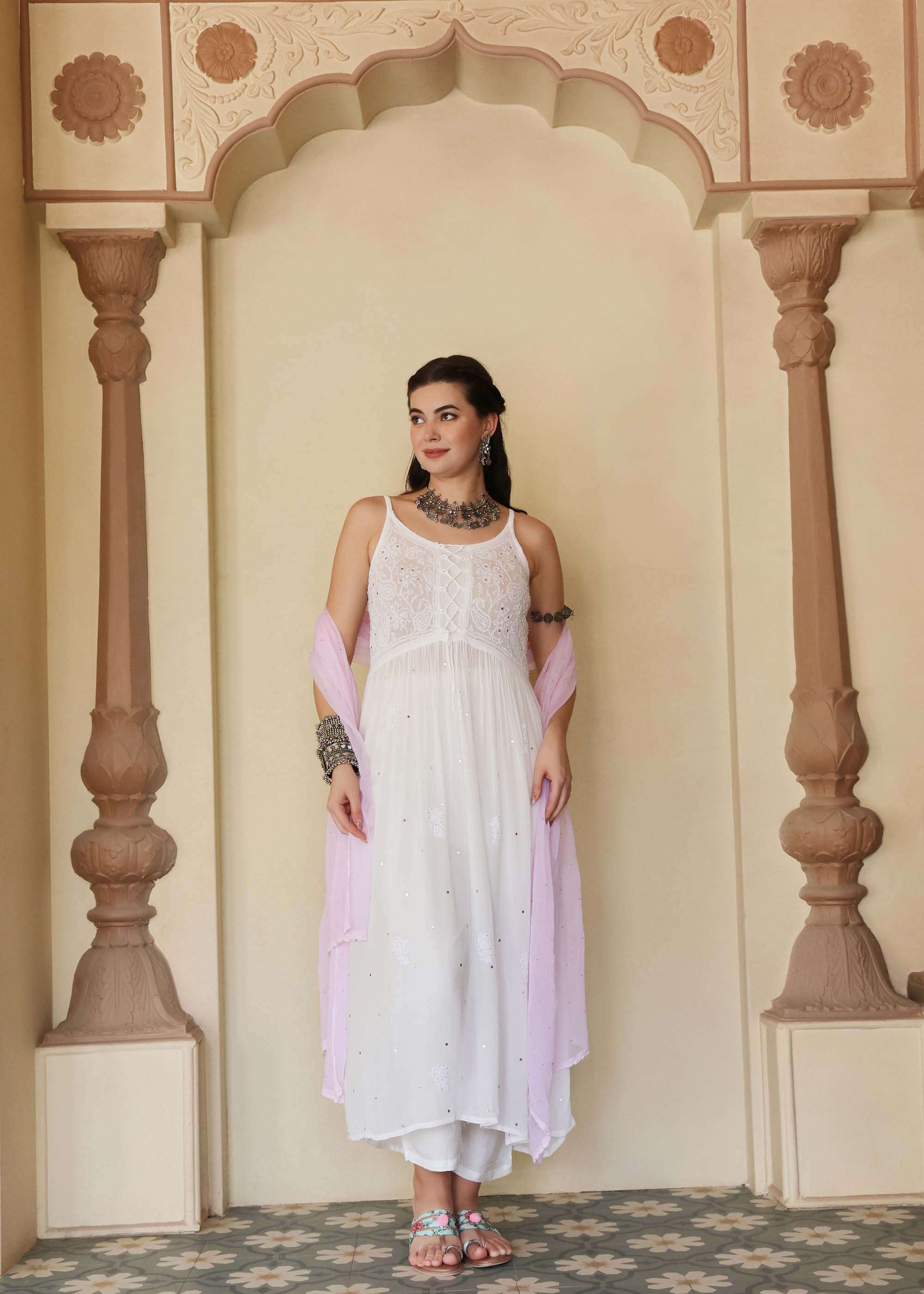 White Chikankari Viscose suit set