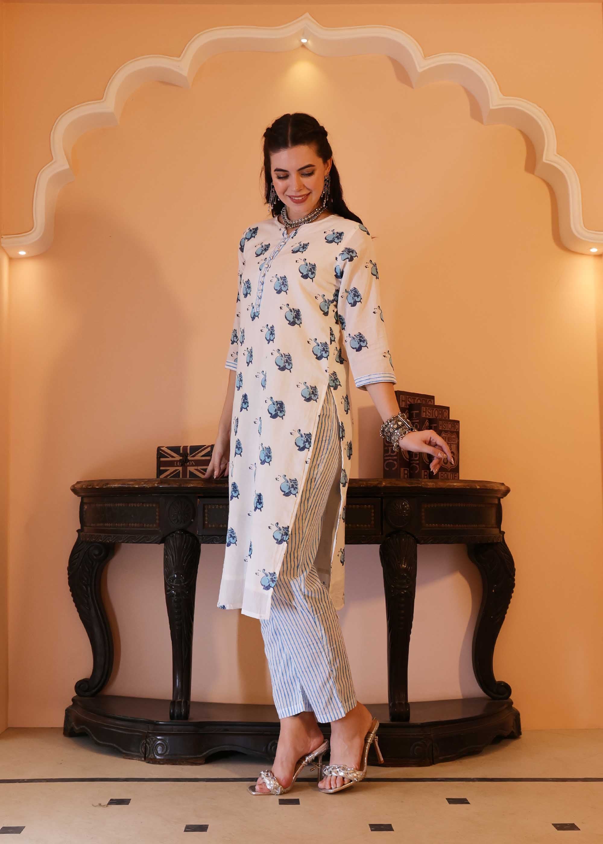 White & Blue Mul cotton Block Print 2 piece Kurta set