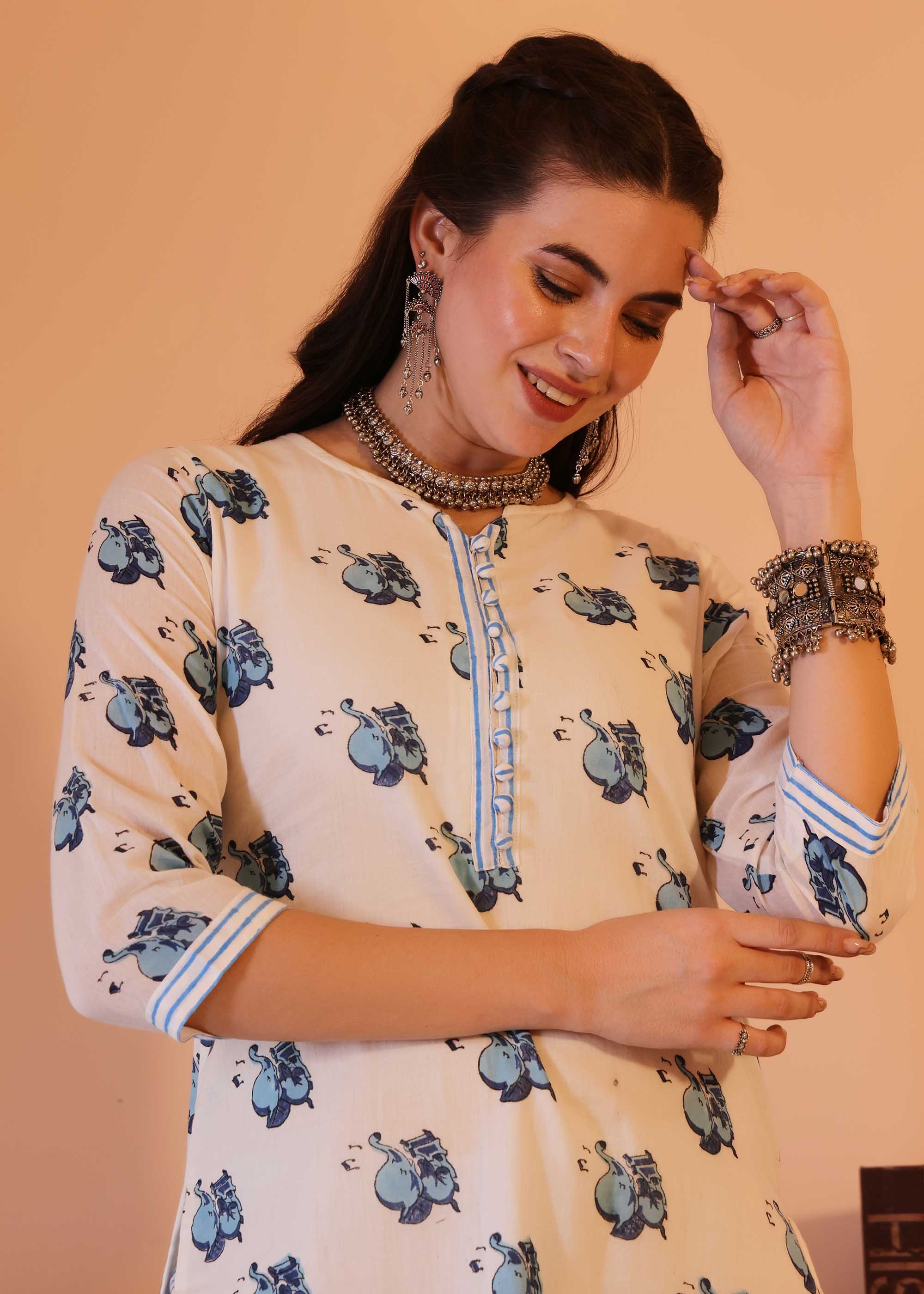 White & Blue Mul cotton Block Print 2 piece Kurta set