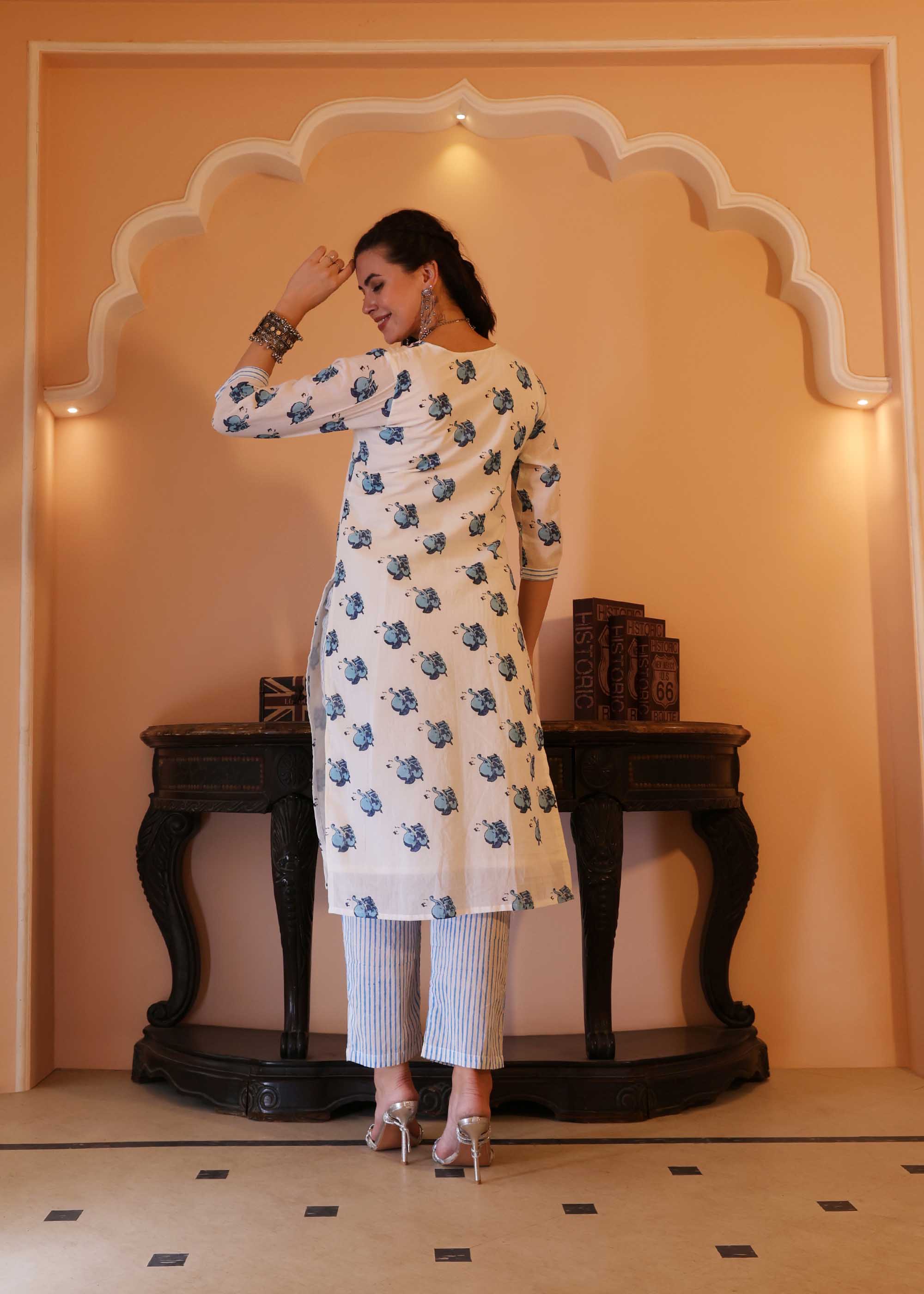 White & Blue Mul cotton Block Print 2 piece Kurta set