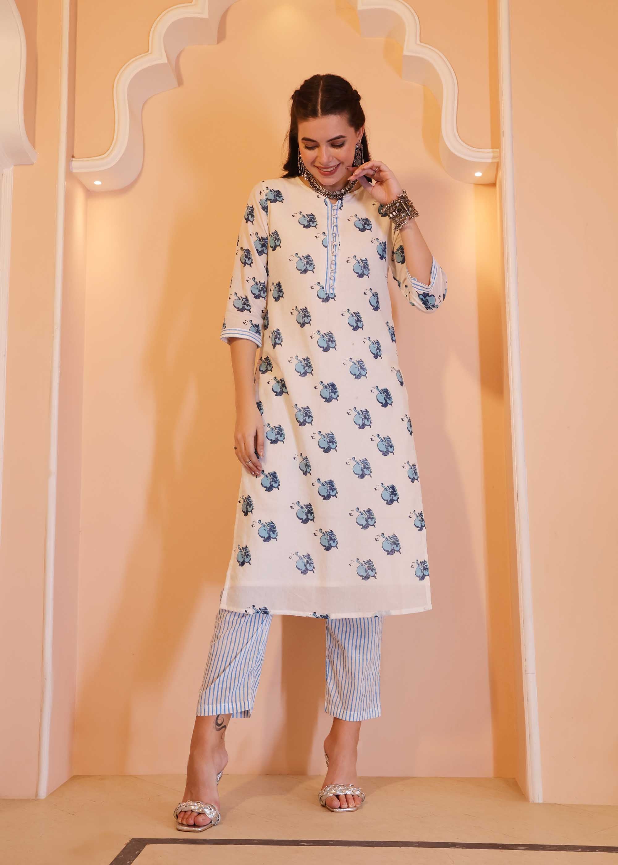 White & Blue Mul cotton Block Print 2 piece Kurta set