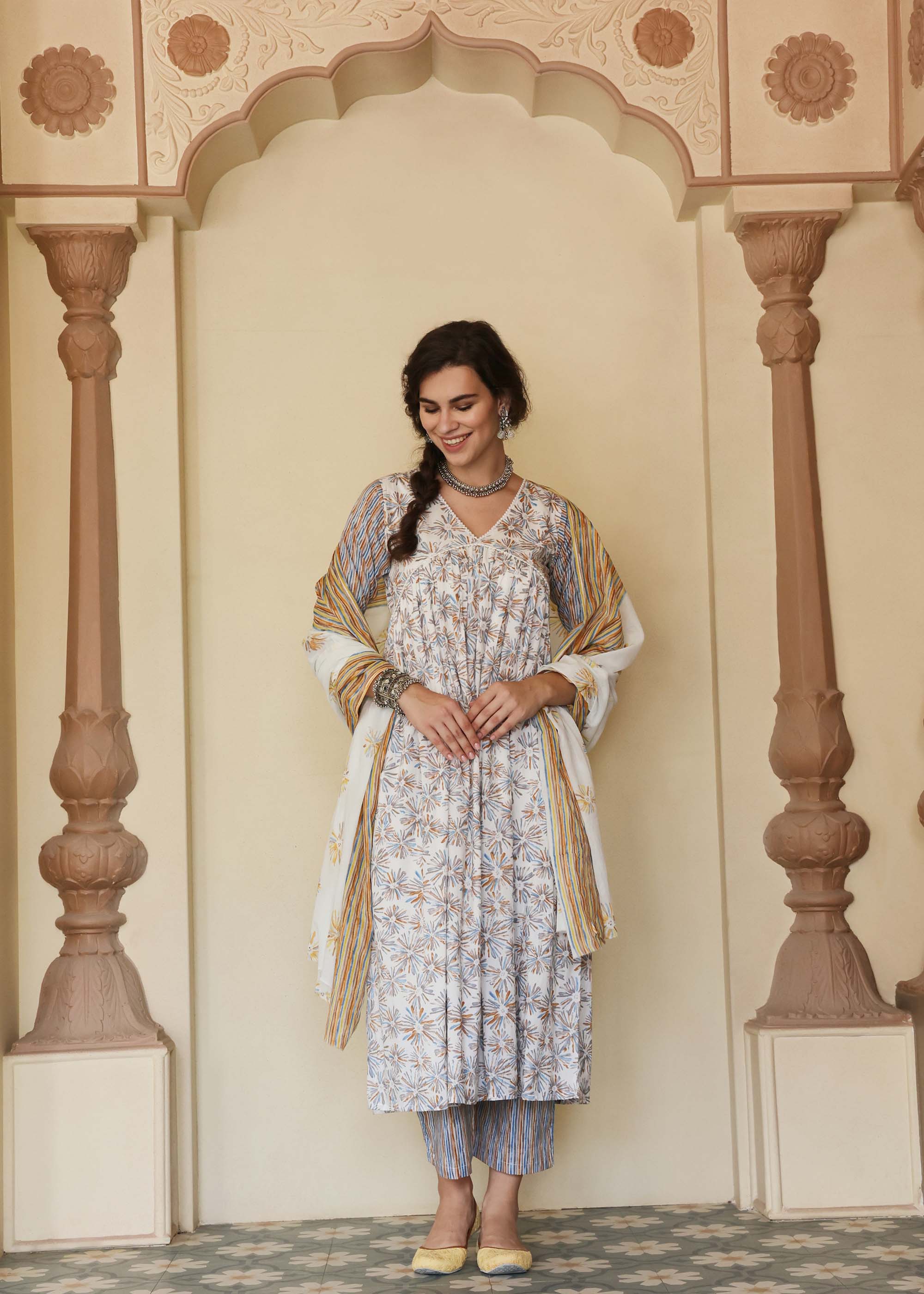 Multi color printed Cotton 3 piece Suit set