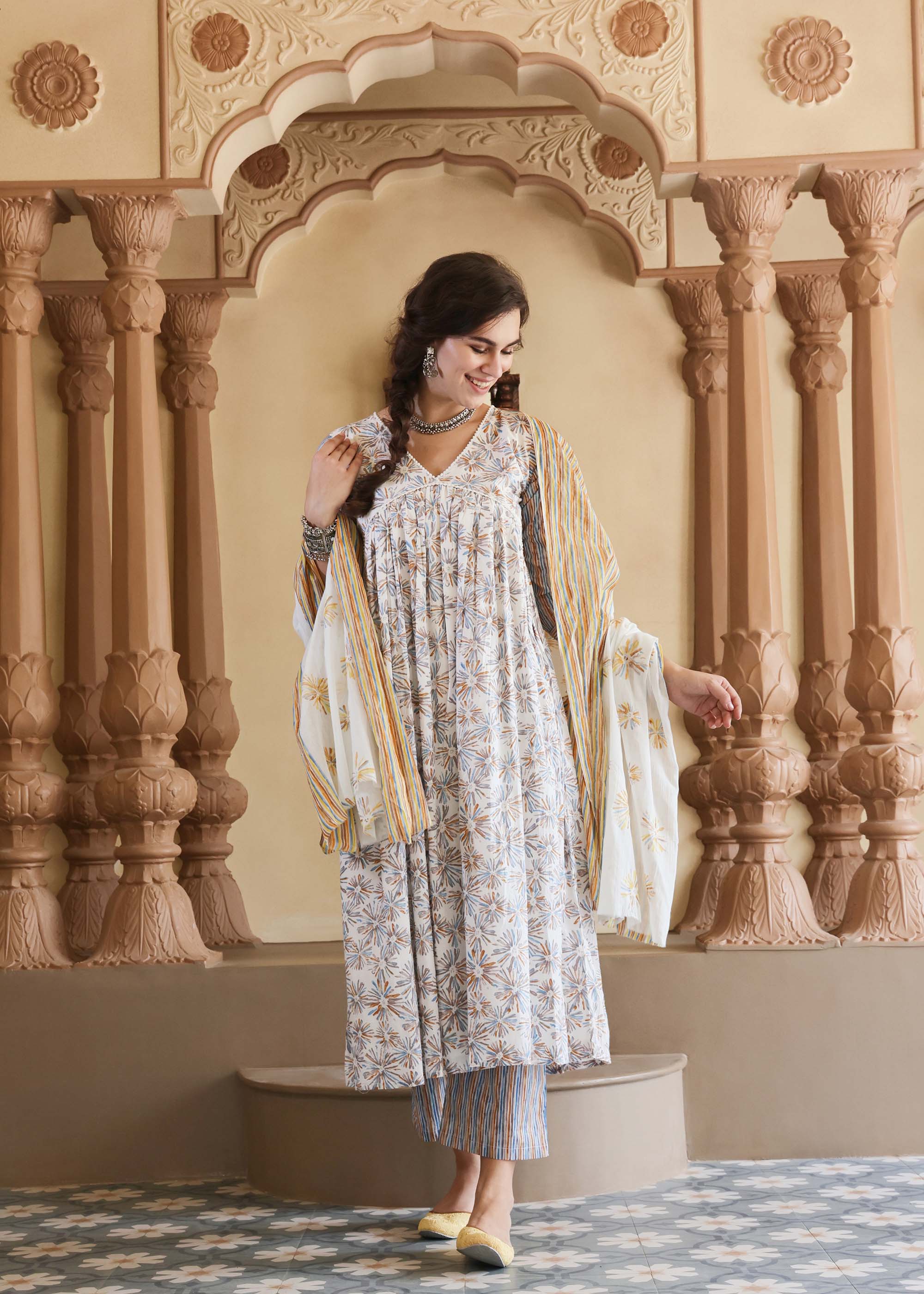 Multi color printed Cotton 3 piece Suit set