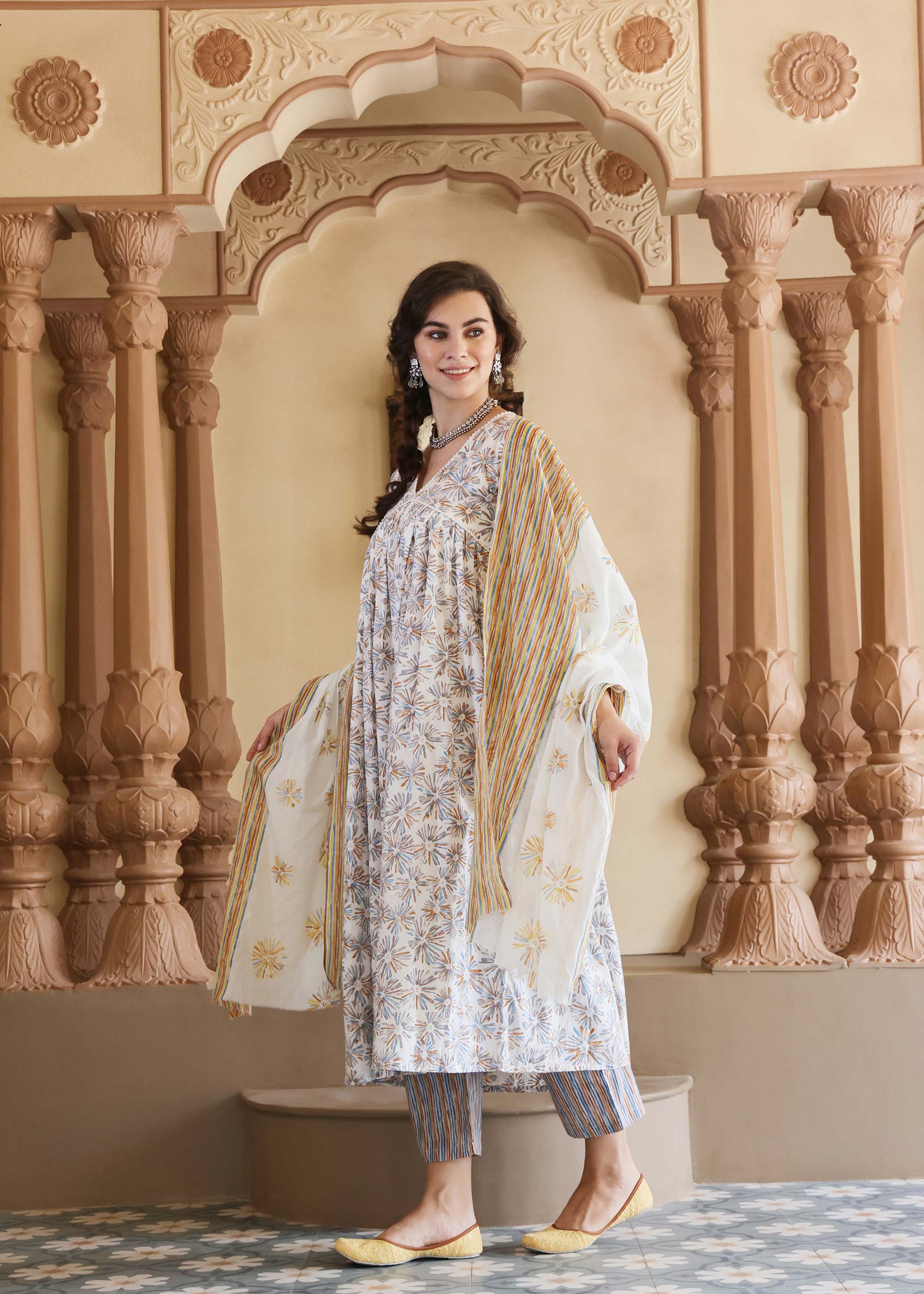 Multi color printed Cotton 3 piece Suit set