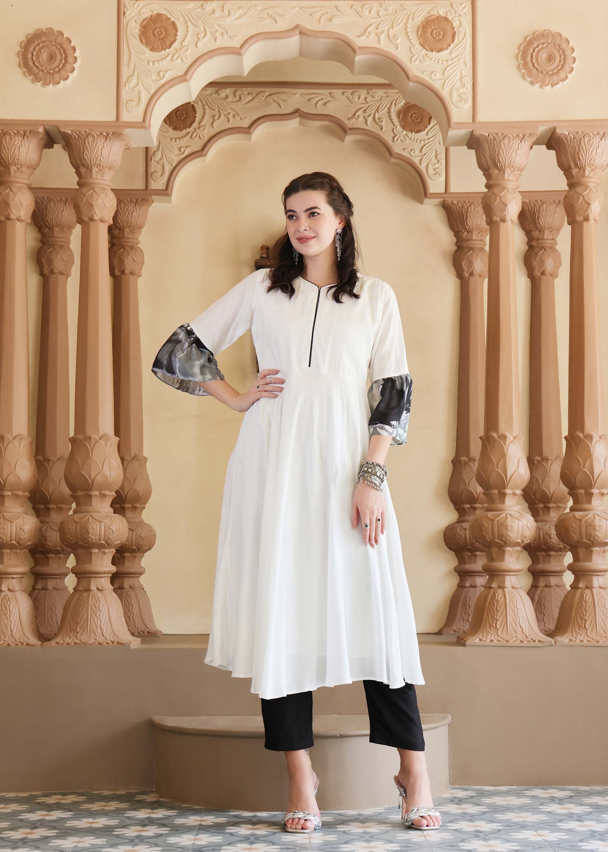 Black & White Modal Kurta set with bell sleeves