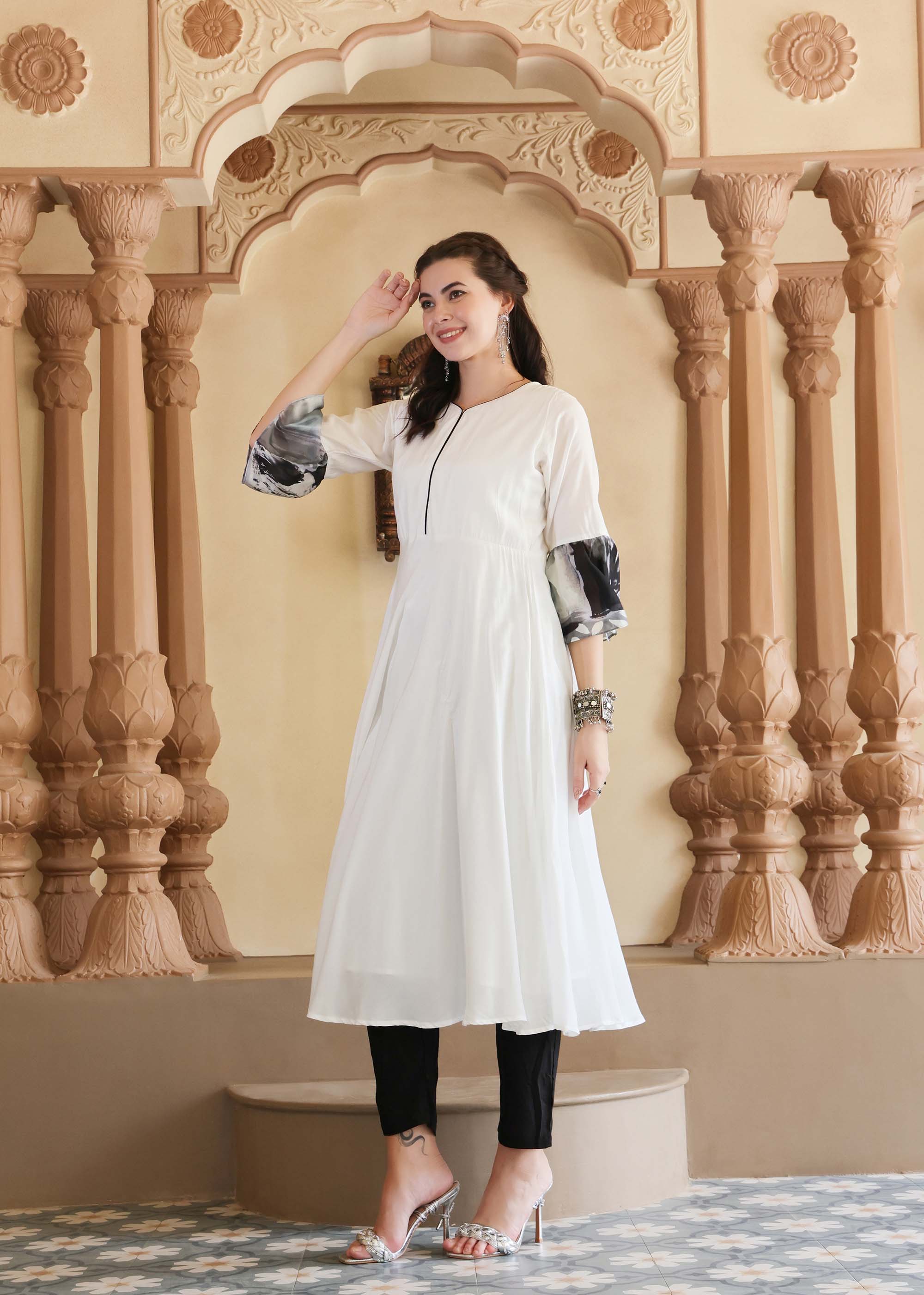 Black & White Modal Kurta set with bell sleeves