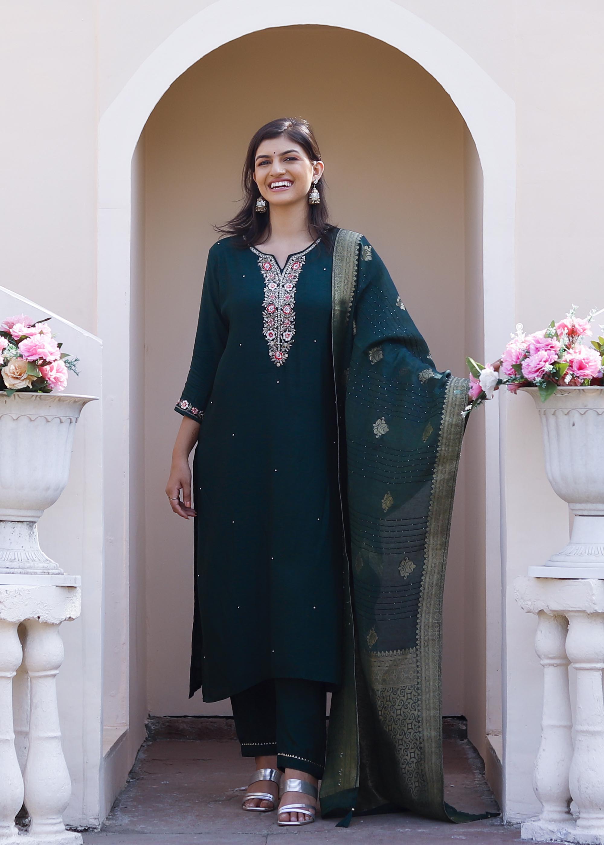 Dark green Zardosi work Raw Silk Suit Set