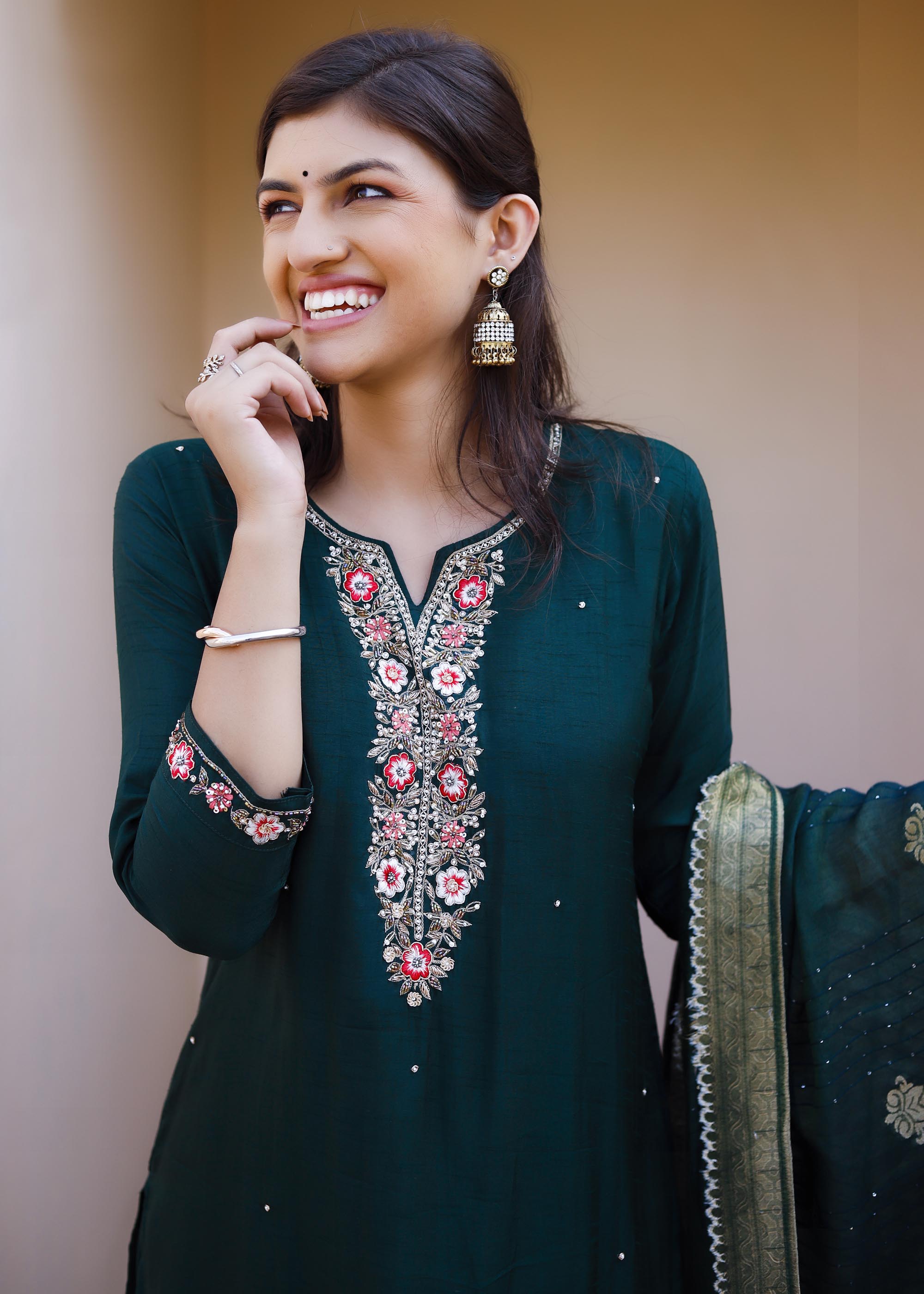 Dark green Zardosi work Raw Silk Suit Set