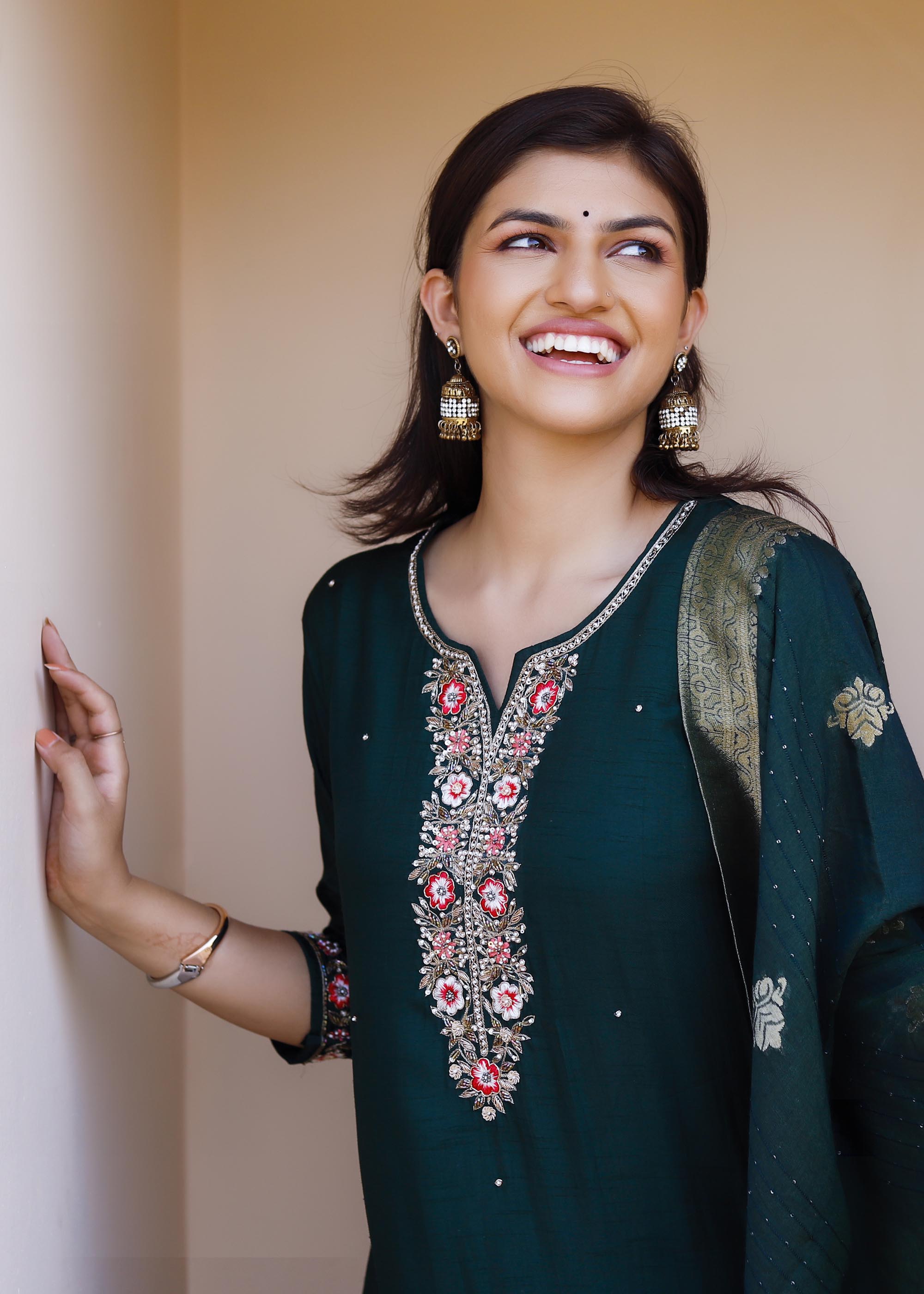 Dark green Zardosi work Raw Silk Suit Set