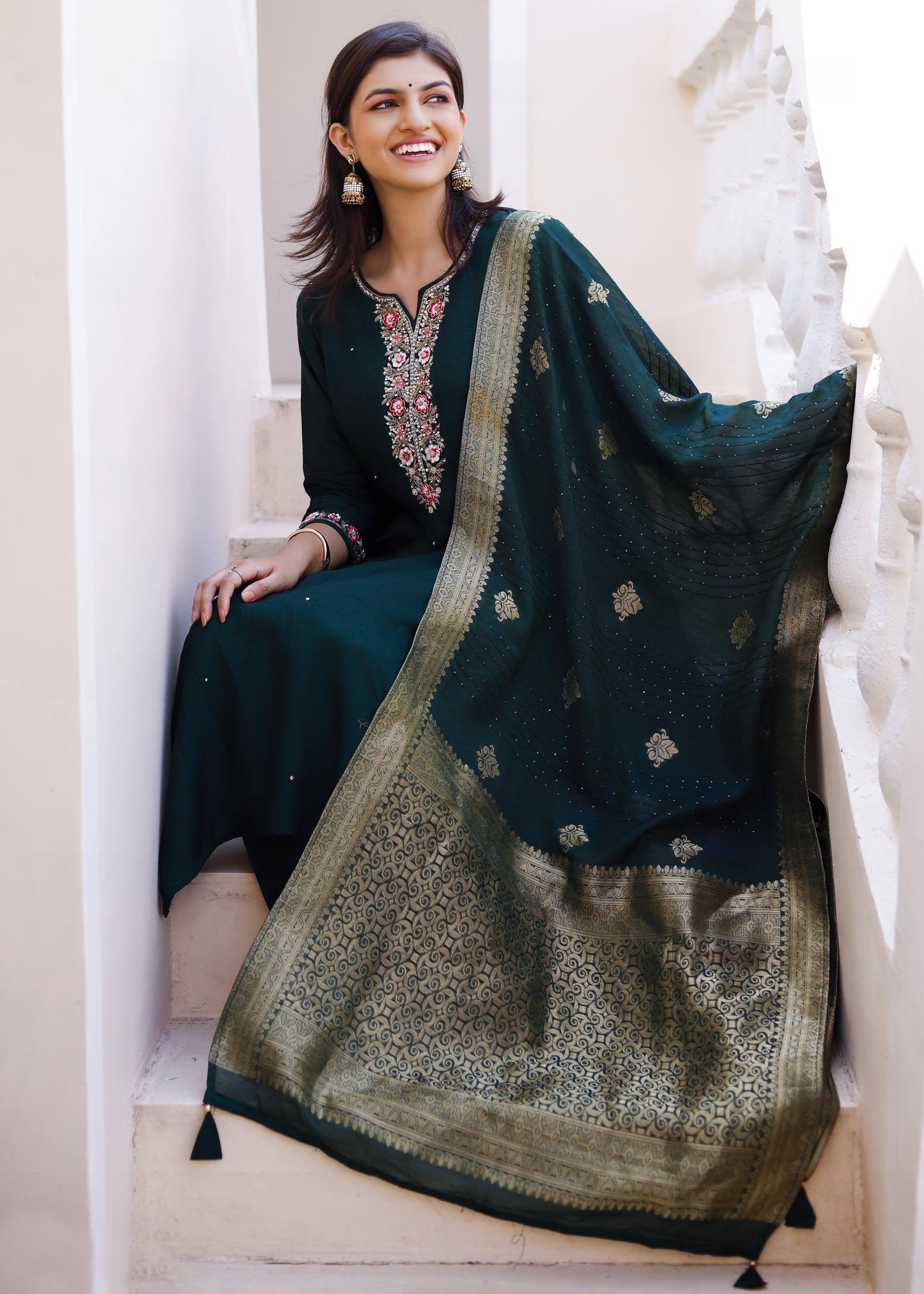 Dark green Zardosi work Raw Silk Suit Set
