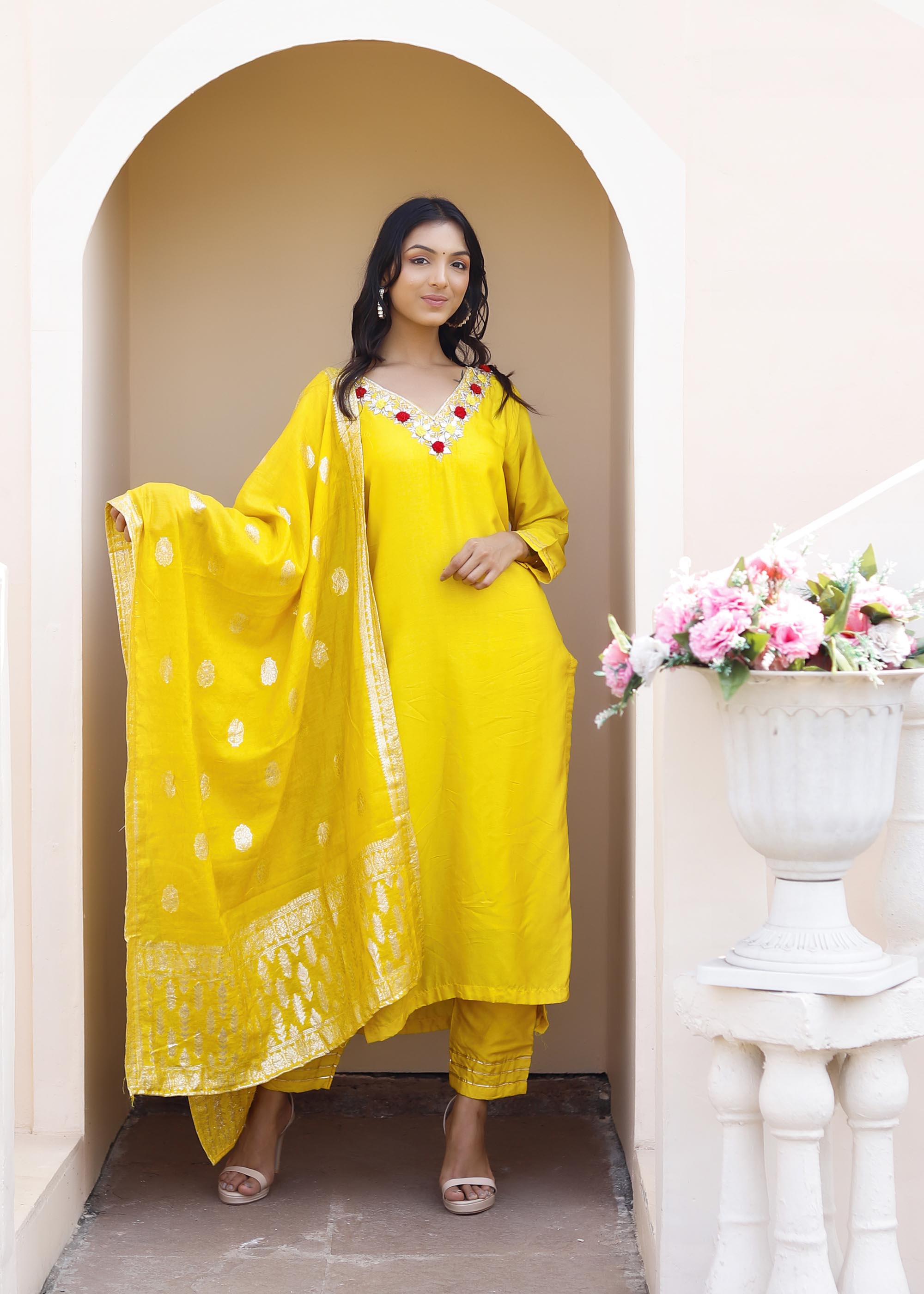 Bright Yellow suit with Chanderi Dupatta