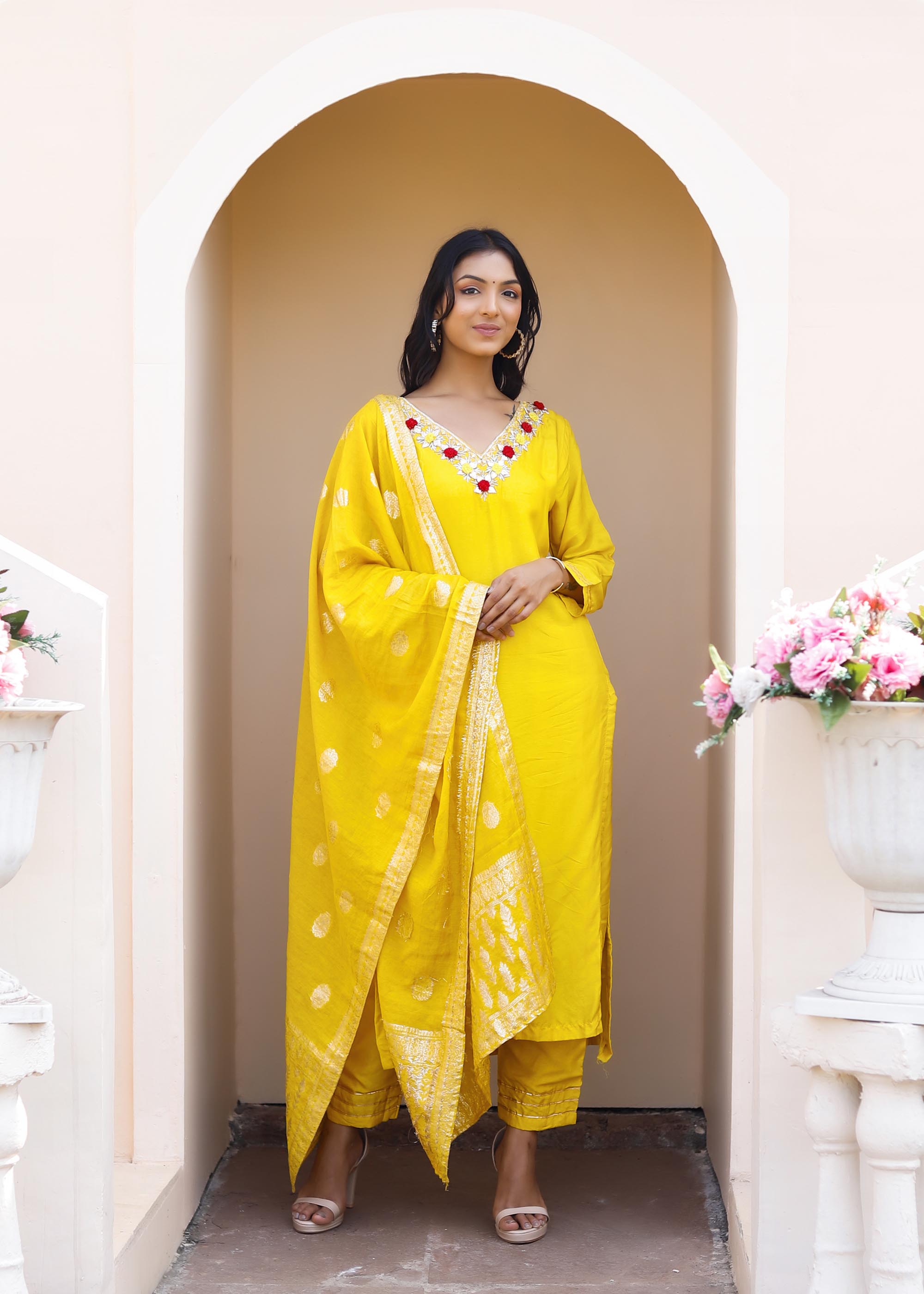 Bright Yellow suit with Chanderi Dupatta