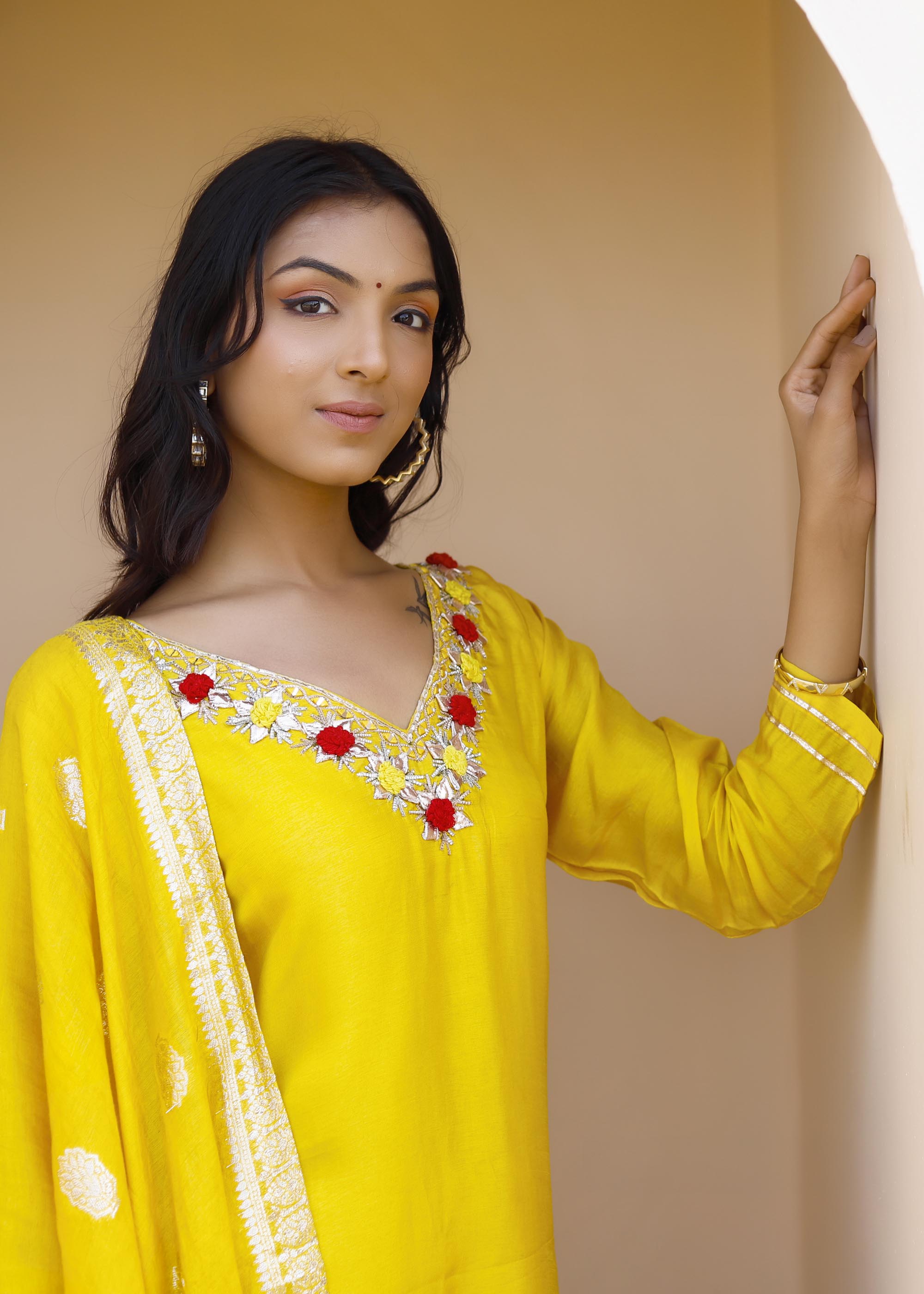 Bright Yellow suit with Chanderi Dupatta