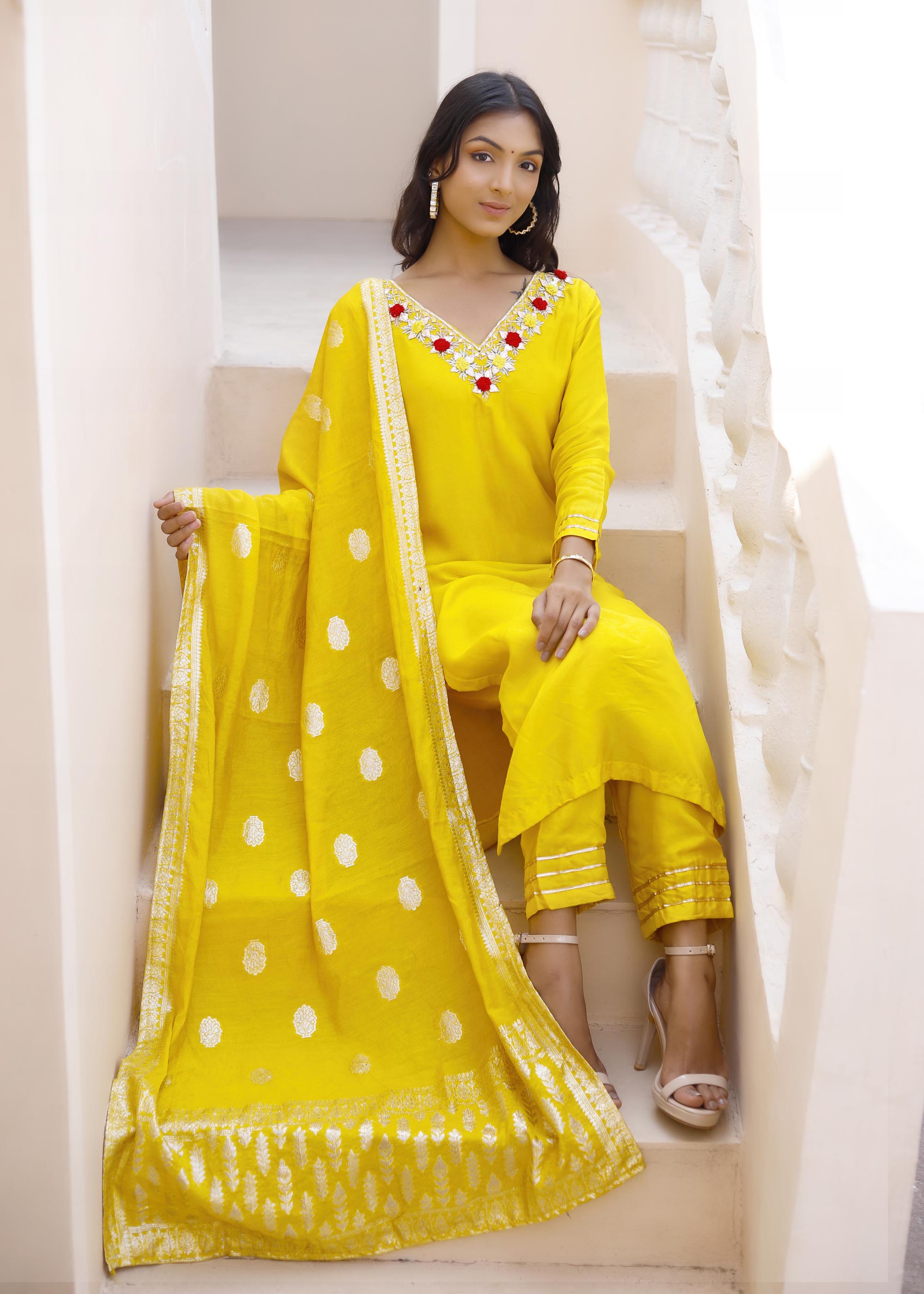 Bright Yellow suit with Chanderi Dupatta