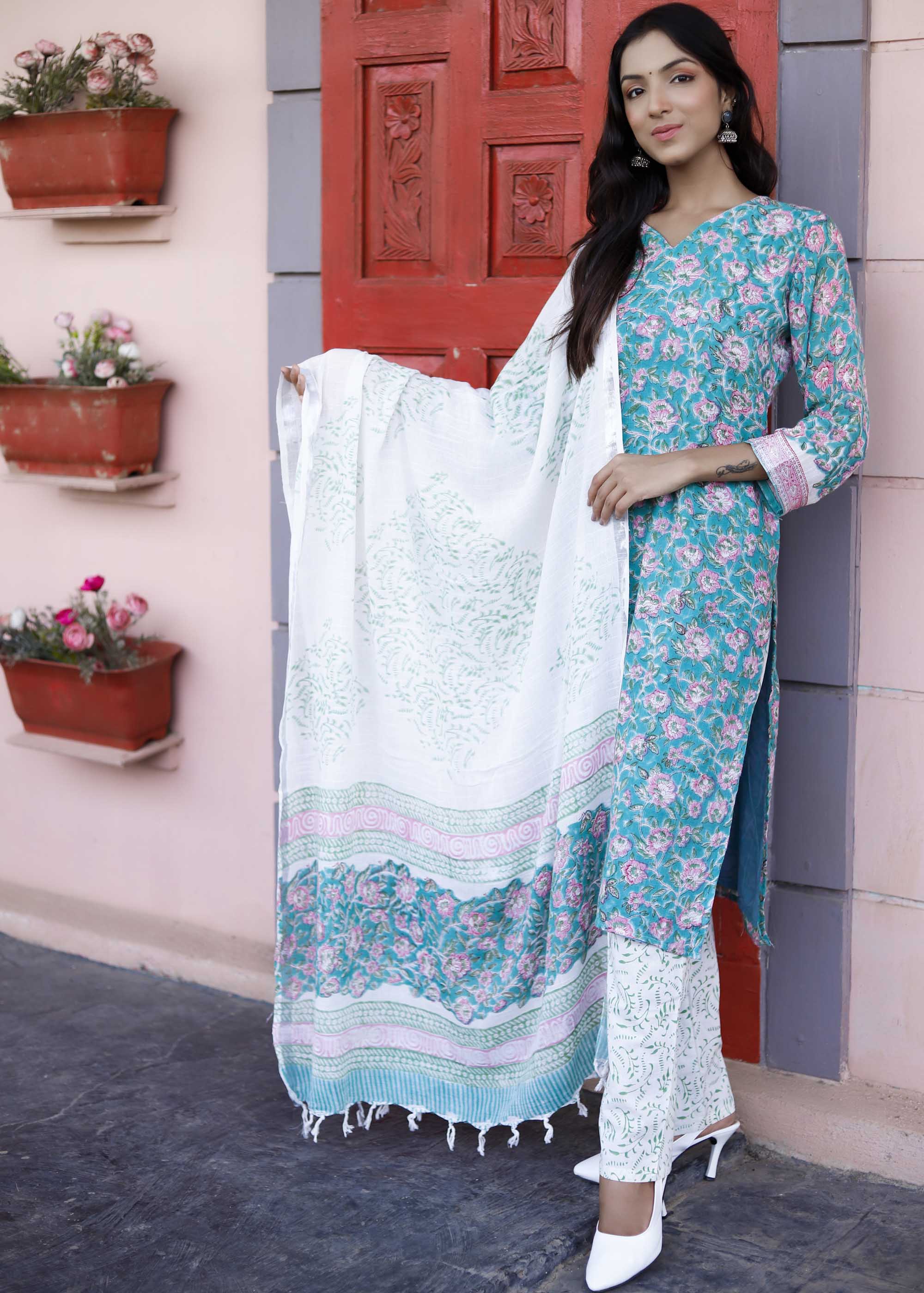 Green Block Printed Linen Cotton Suit set