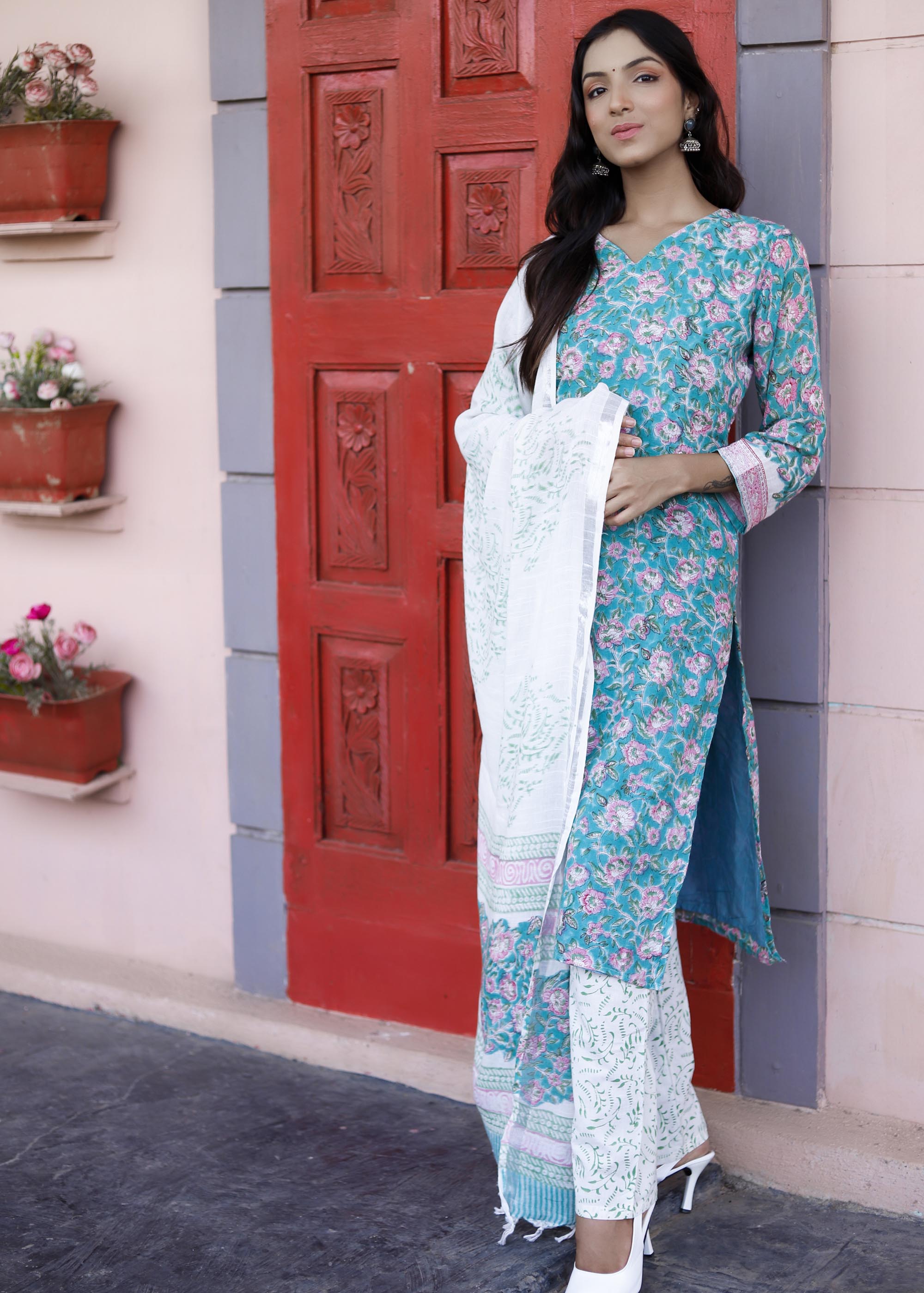 Green Block Printed Linen Cotton Suit set