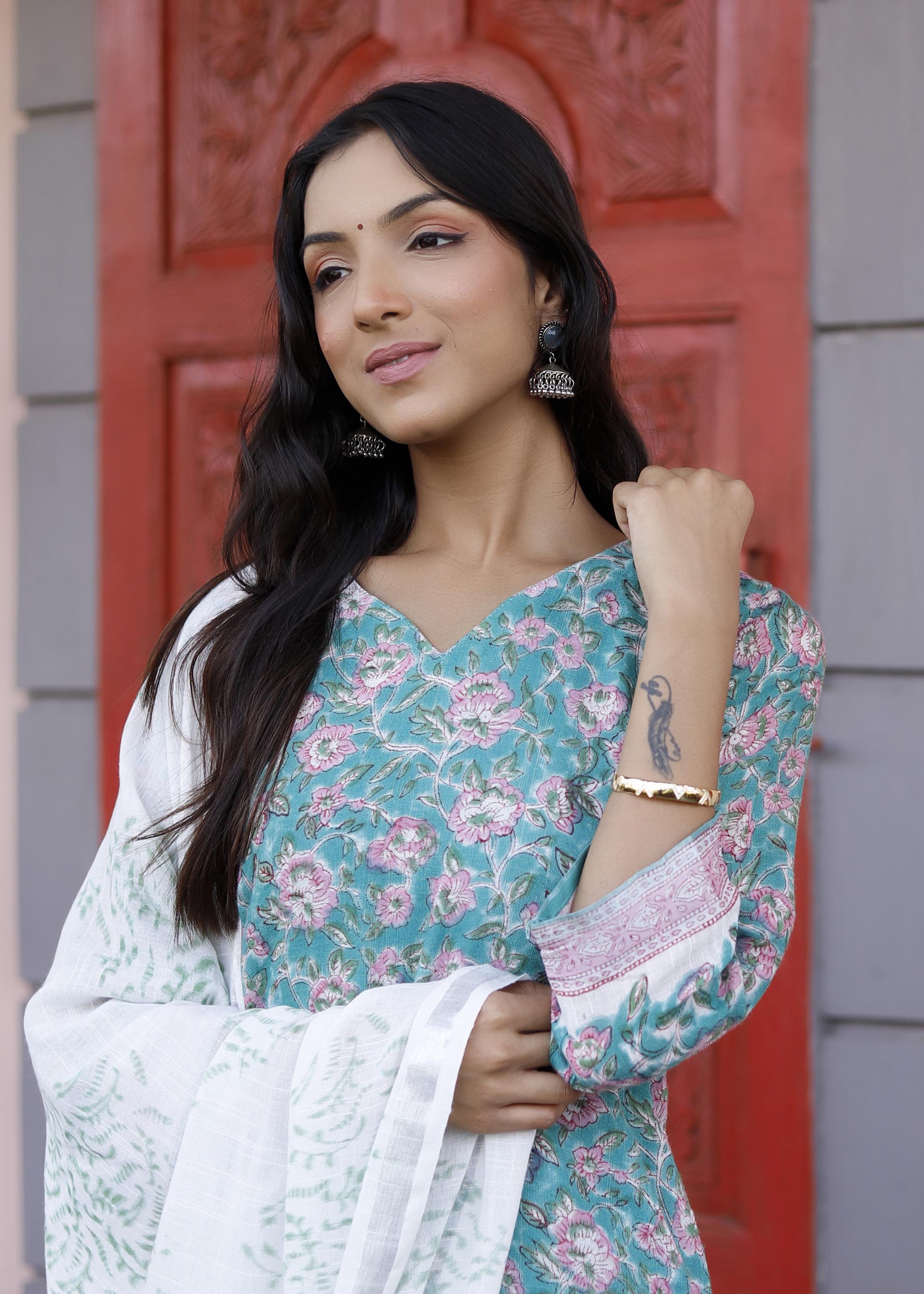 Green Block Printed Linen Cotton Suit set