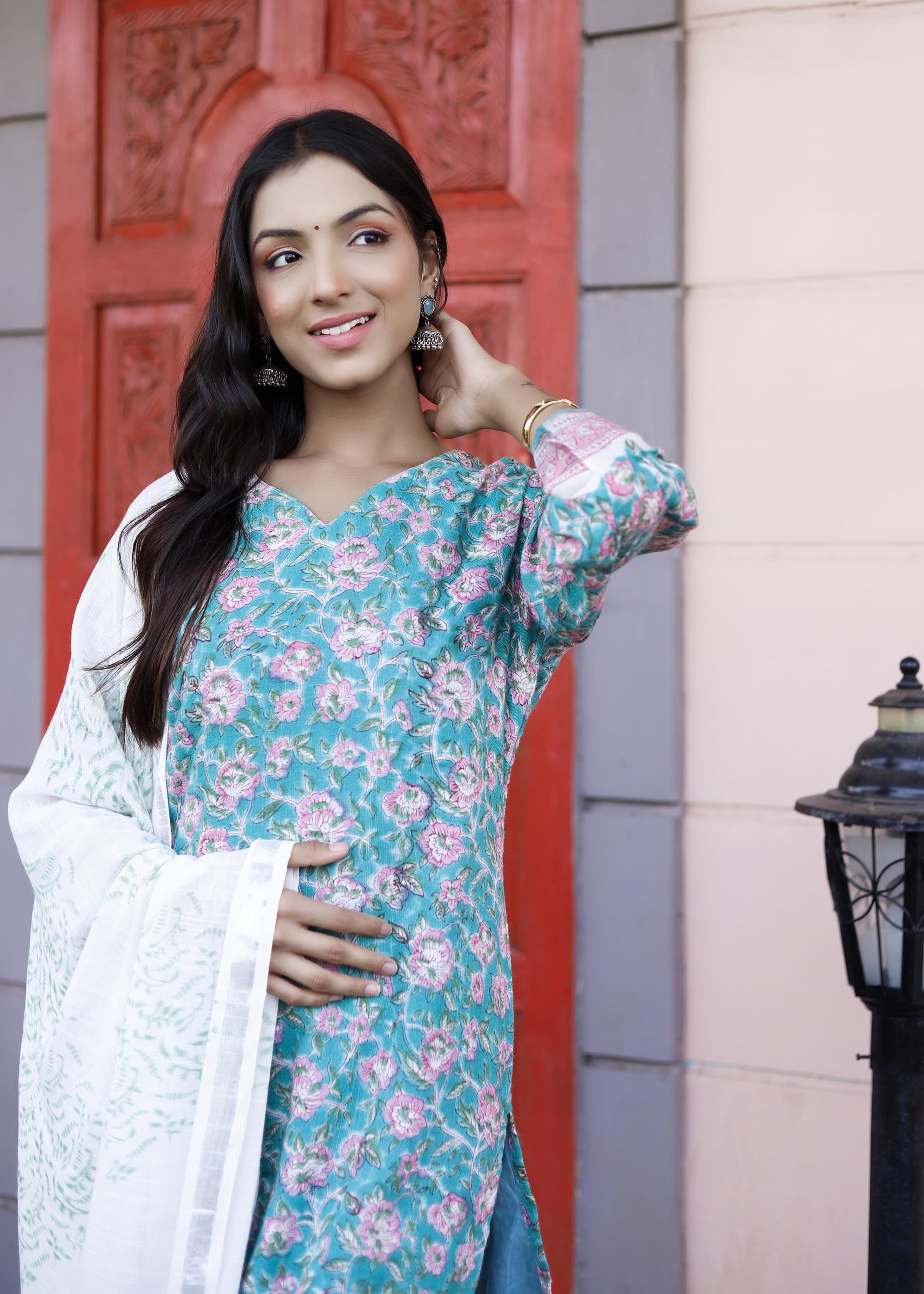 Green Block Printed Linen Cotton Suit set