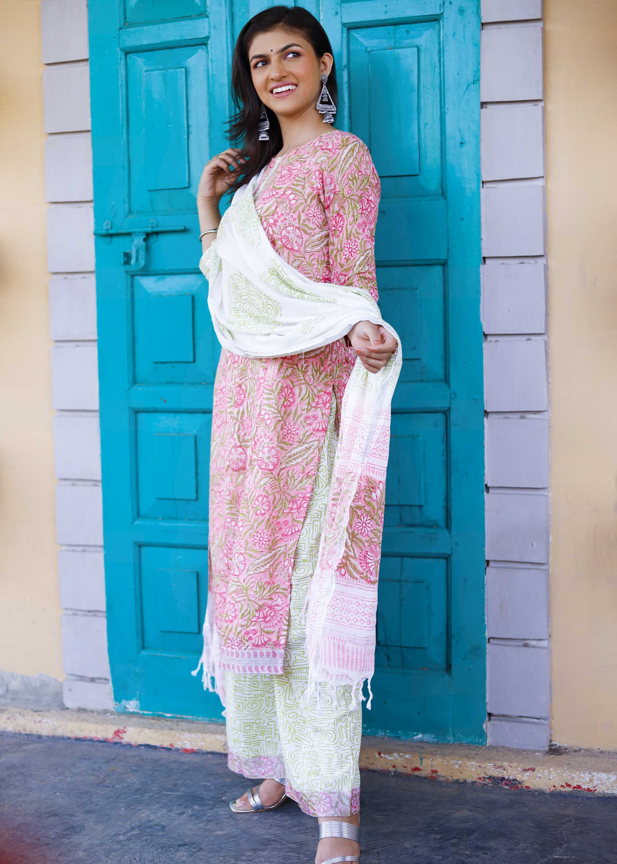 Pink Linen Cotton Block Print suit set