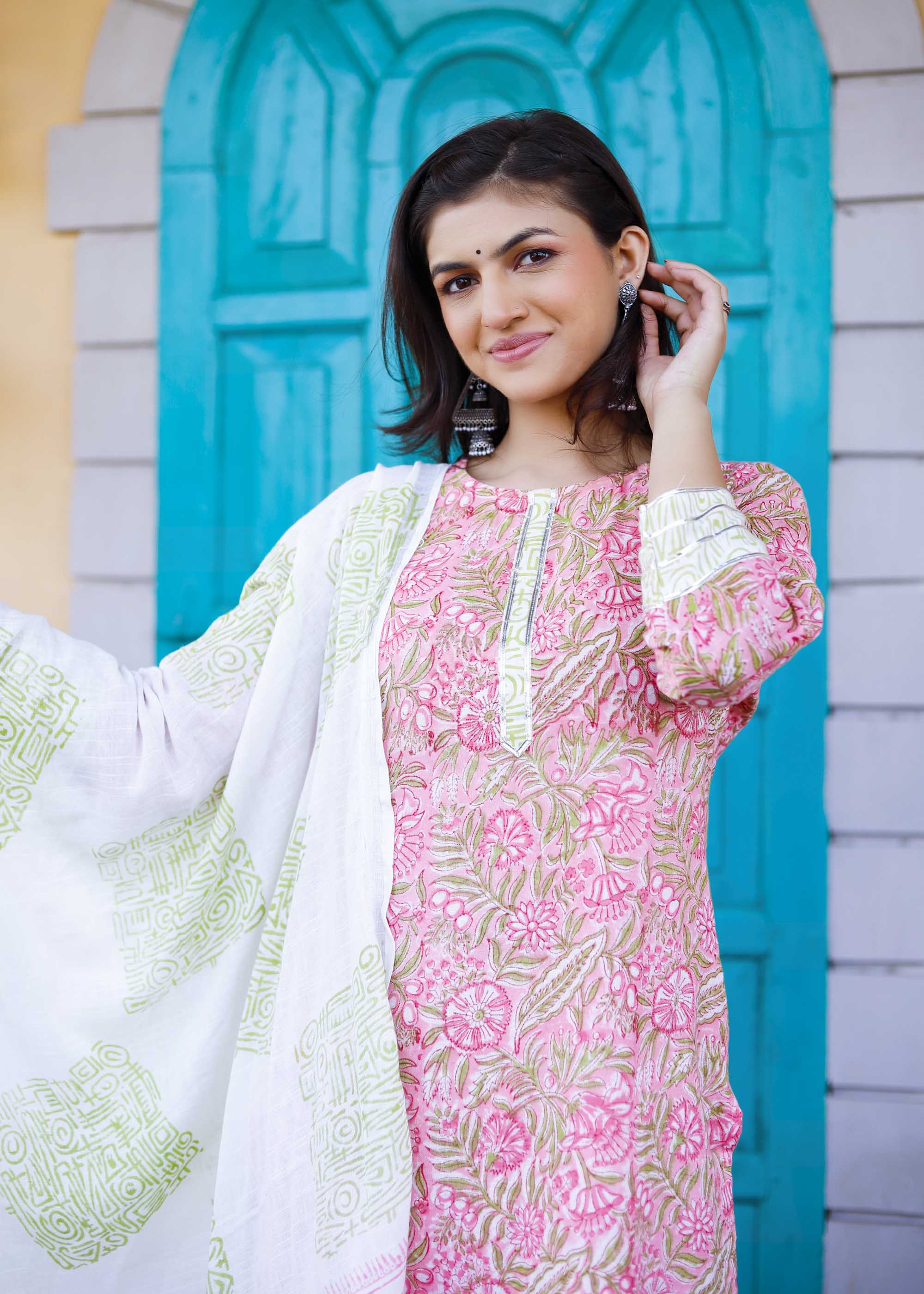 Pink Linen Cotton Block Print suit set