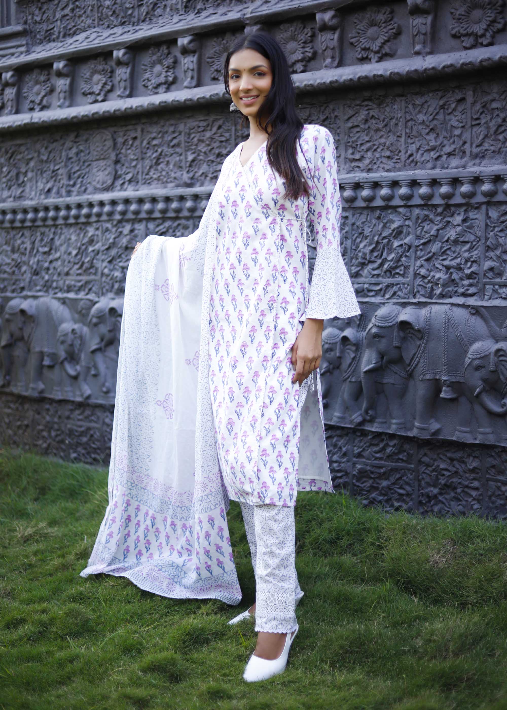 White floral block print cotton Suit set