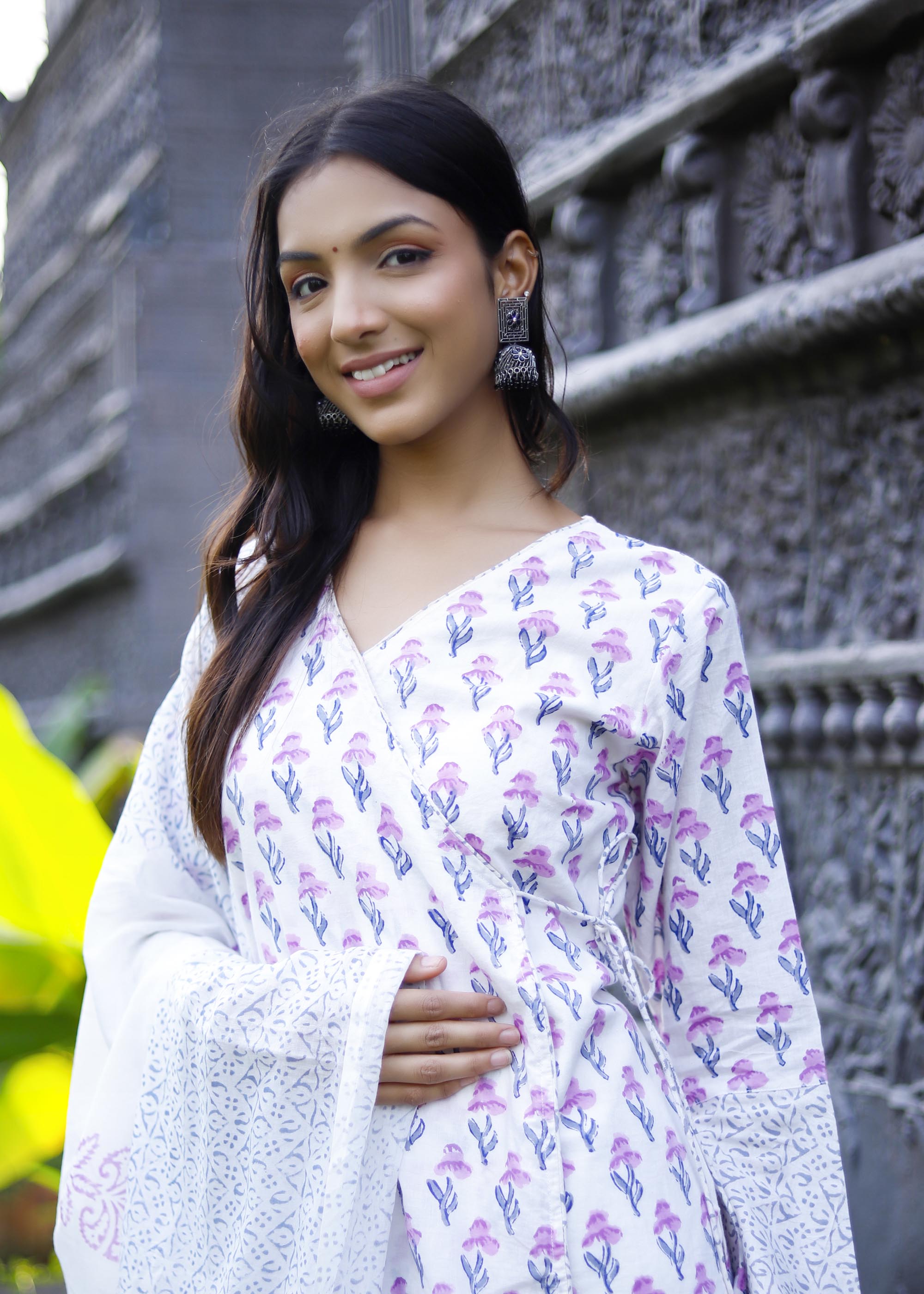 White floral block print cotton Suit set