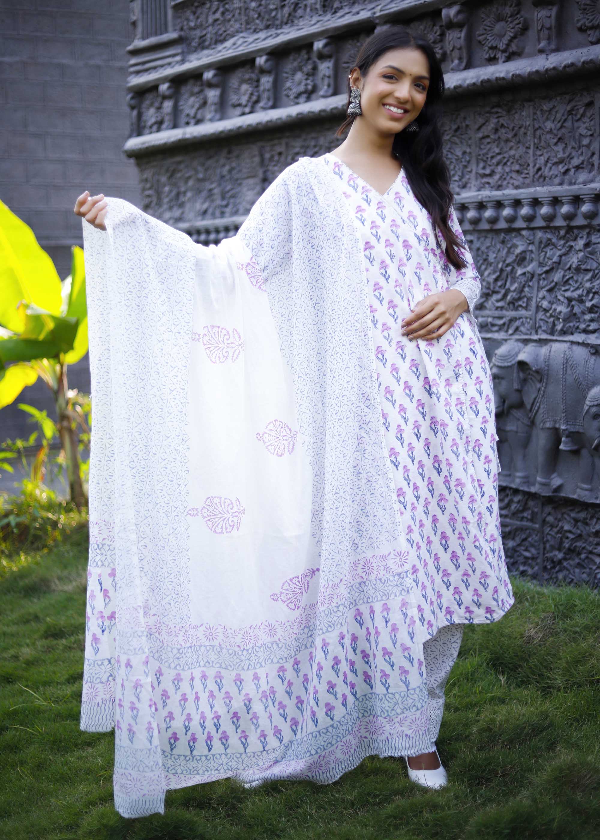White floral block print cotton Suit set