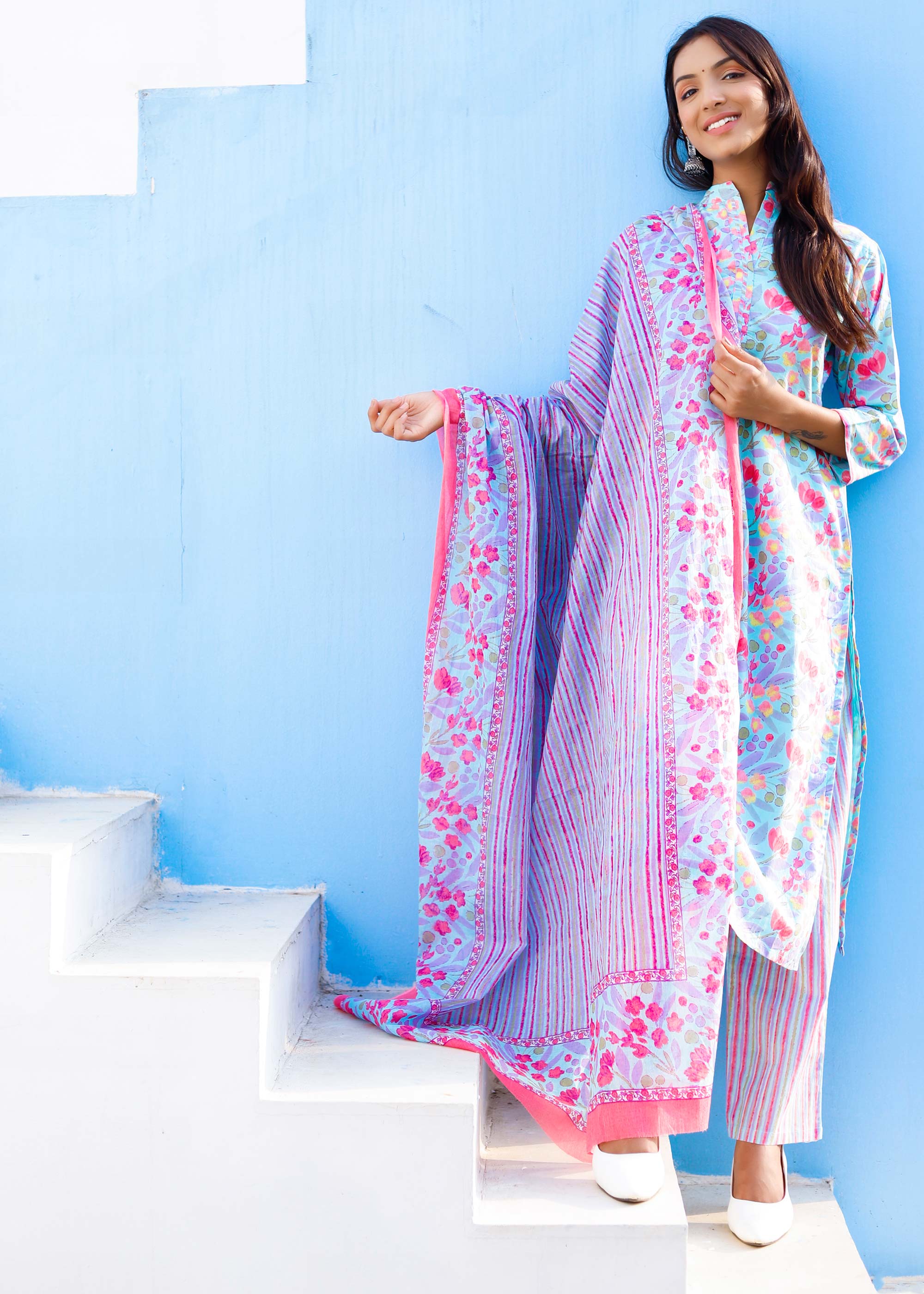 Blue & pink Cotton printed 3 piece Suit Set