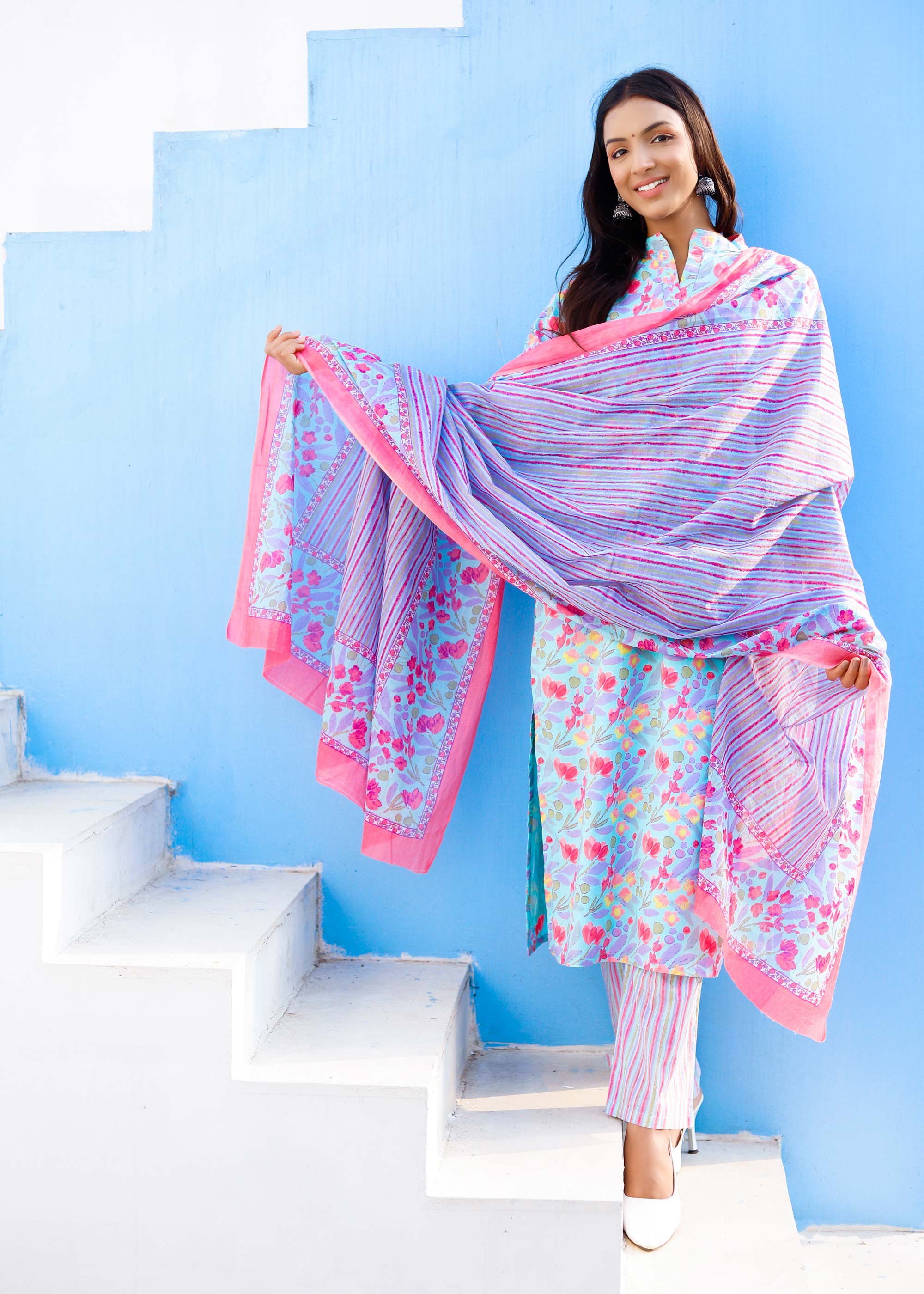Blue & pink Cotton printed 3 piece Suit Set