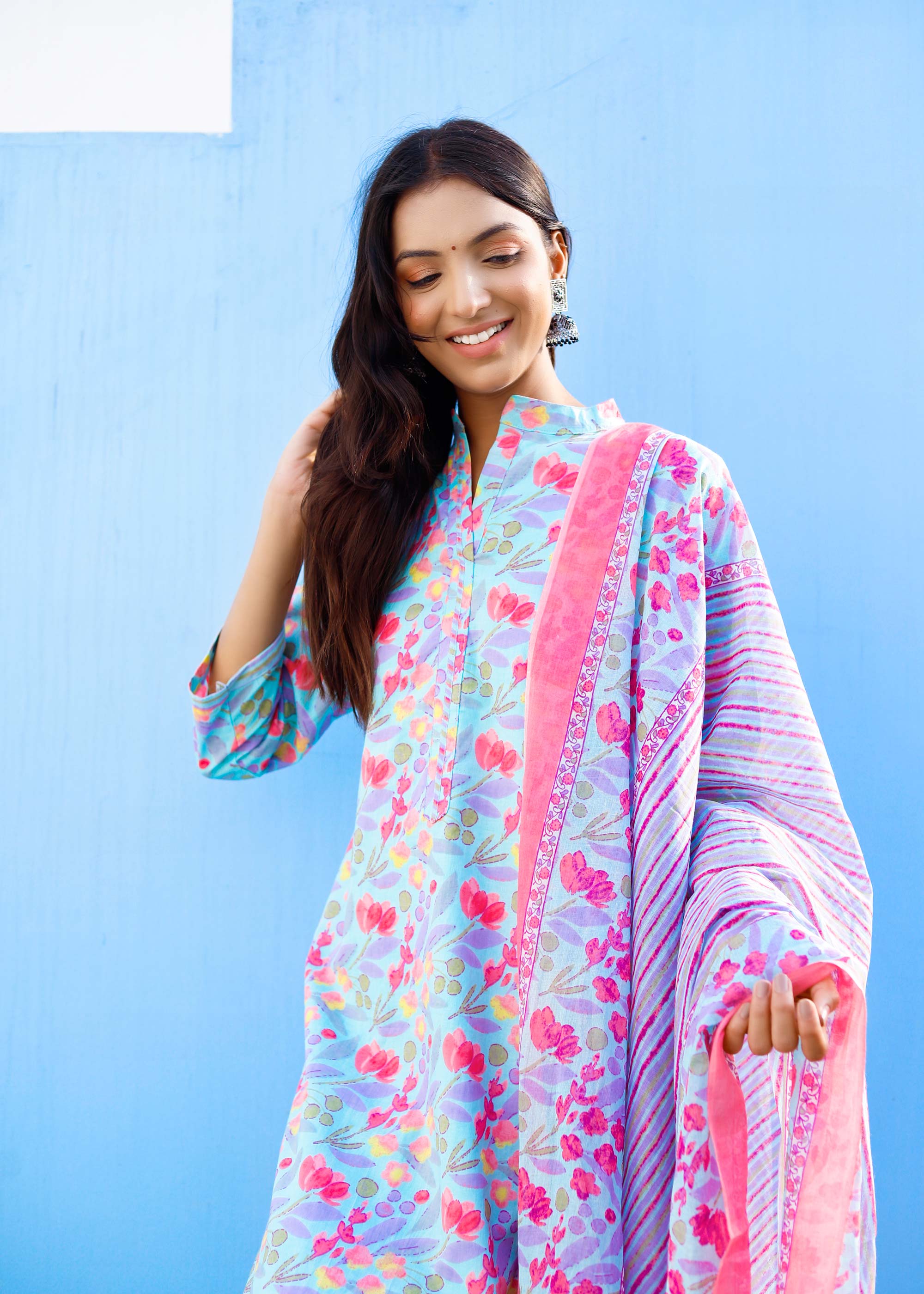 Blue & pink Cotton printed 3 piece Suit Set
