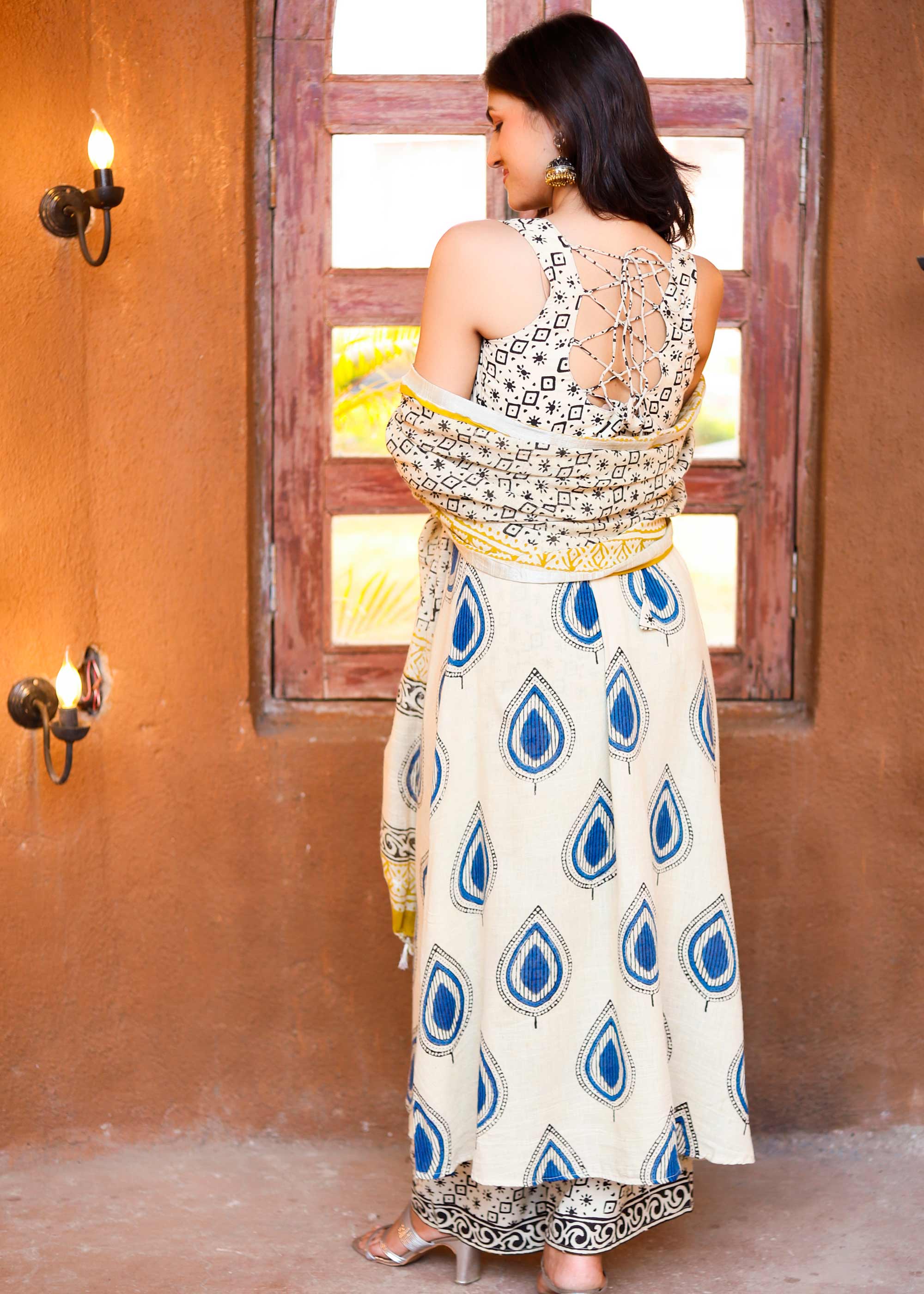 Offwhite block print palazzo suit set